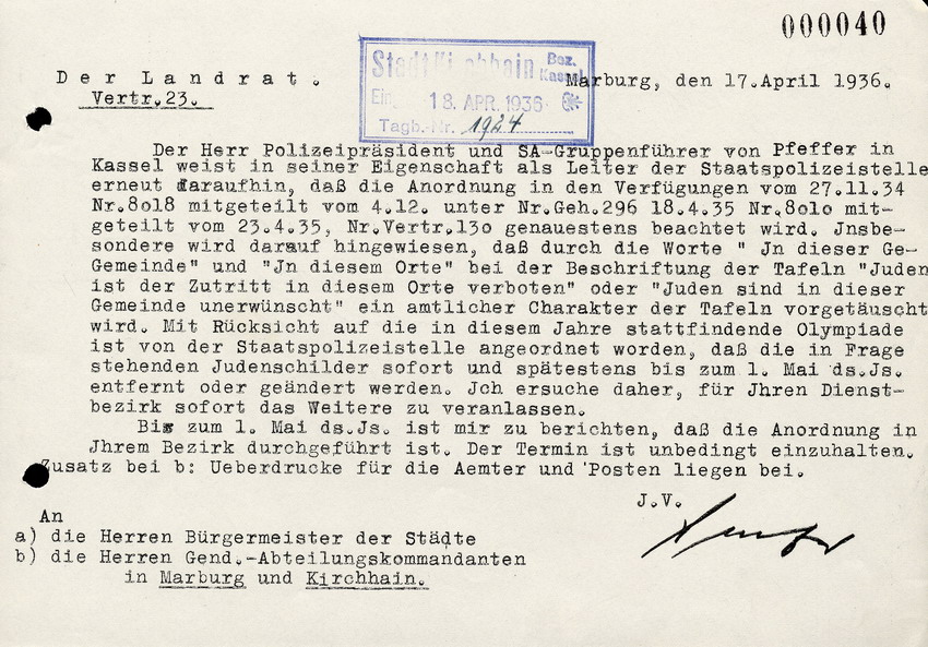 Der Regierungspräsident in Kassel, von Mombart, an die Landräte des Bezirks Marburg, betreffend die verbotenen "Einzelaktionen" gegen jüdische Bürger, 6. März 1936