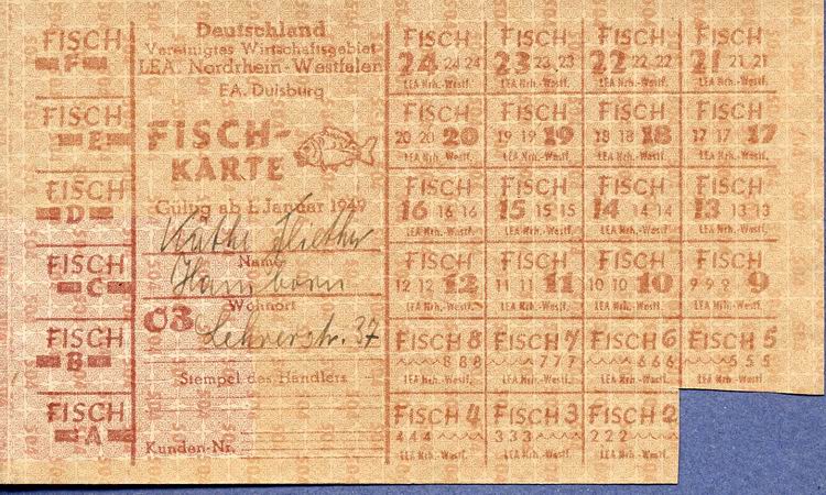 Lebensmittelkarten aus der US-Besatzungszone (Groß-Hessen) 1945/46 sowie des Vereinigten Wirtschaftsgebiets/Deutschland (Nordrhein-Westfalen) 1949