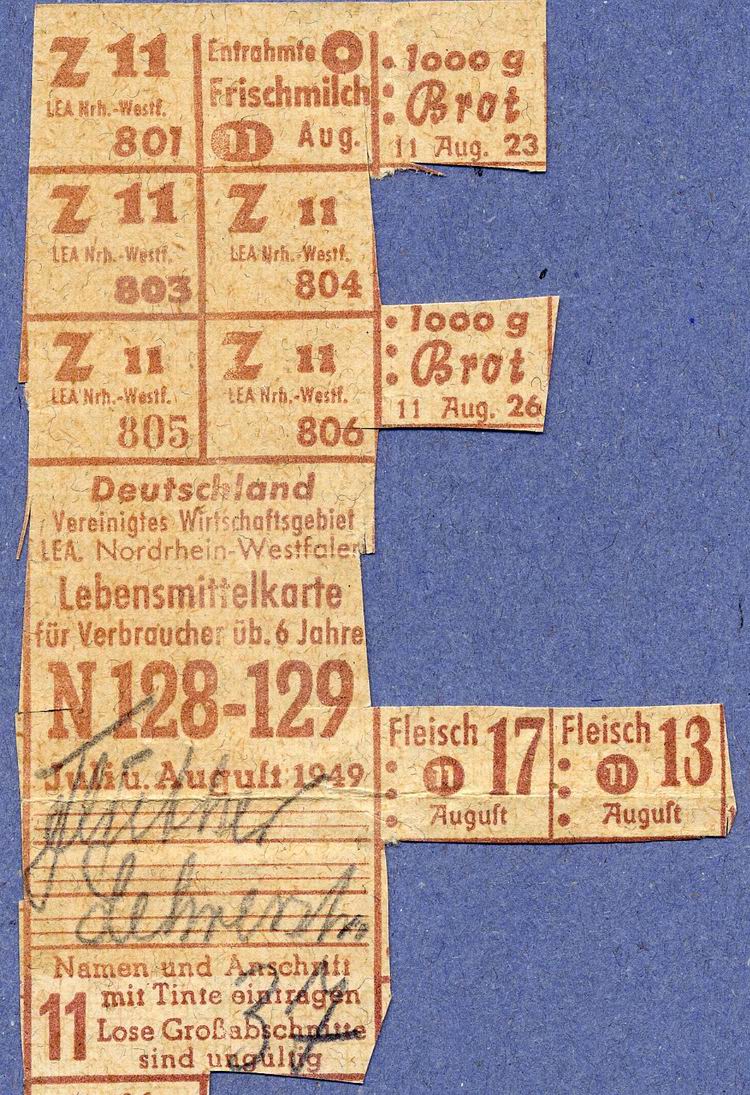 Lebensmittelkarten aus der US-Besatzungszone (Groß-Hessen) 1945/46 sowie des Vereinigten Wirtschaftsgebiets/Deutschland (Nordrhein-Westfalen) 1949