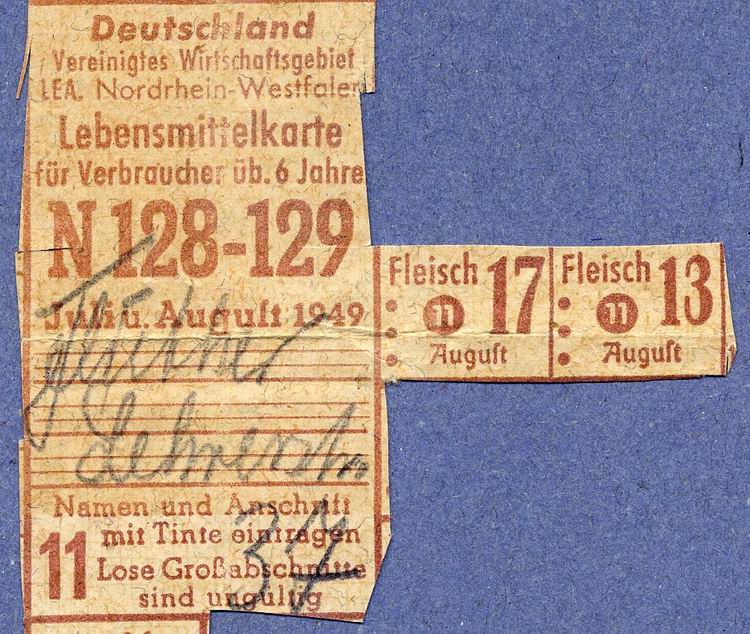Lebensmittelkarten aus der US-Besatzungszone (Groß-Hessen) 1945/46 sowie des Vereinigten Wirtschaftsgebiets/Deutschland (Nordrhein-Westfalen) 1949
