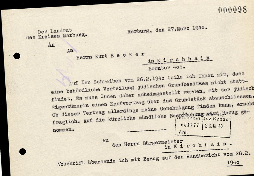 Der Landrat in Marburg an Herrn Kurt Becker in Kirchhain, btr. "behördliche Verteilung von jüdischen Grundbesitz", 27. März 1940.