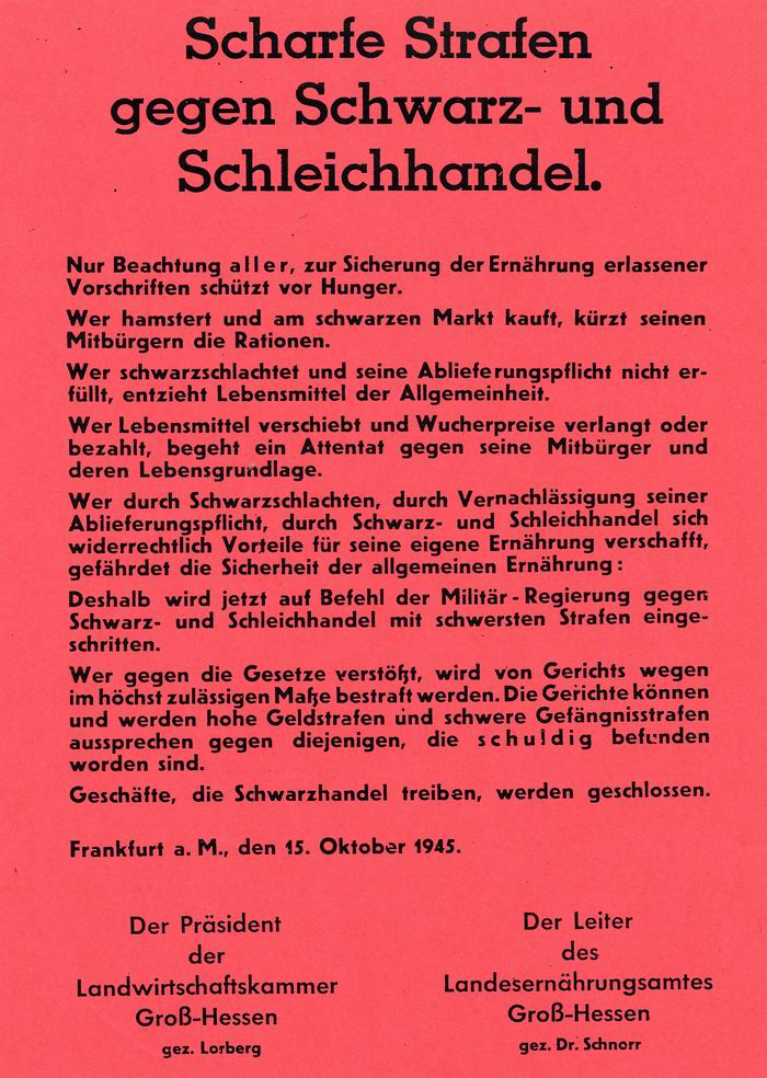 Anschlag: Scharfe Strafen gegen Schwarz- und Schleichhandel vom 15.10.1945