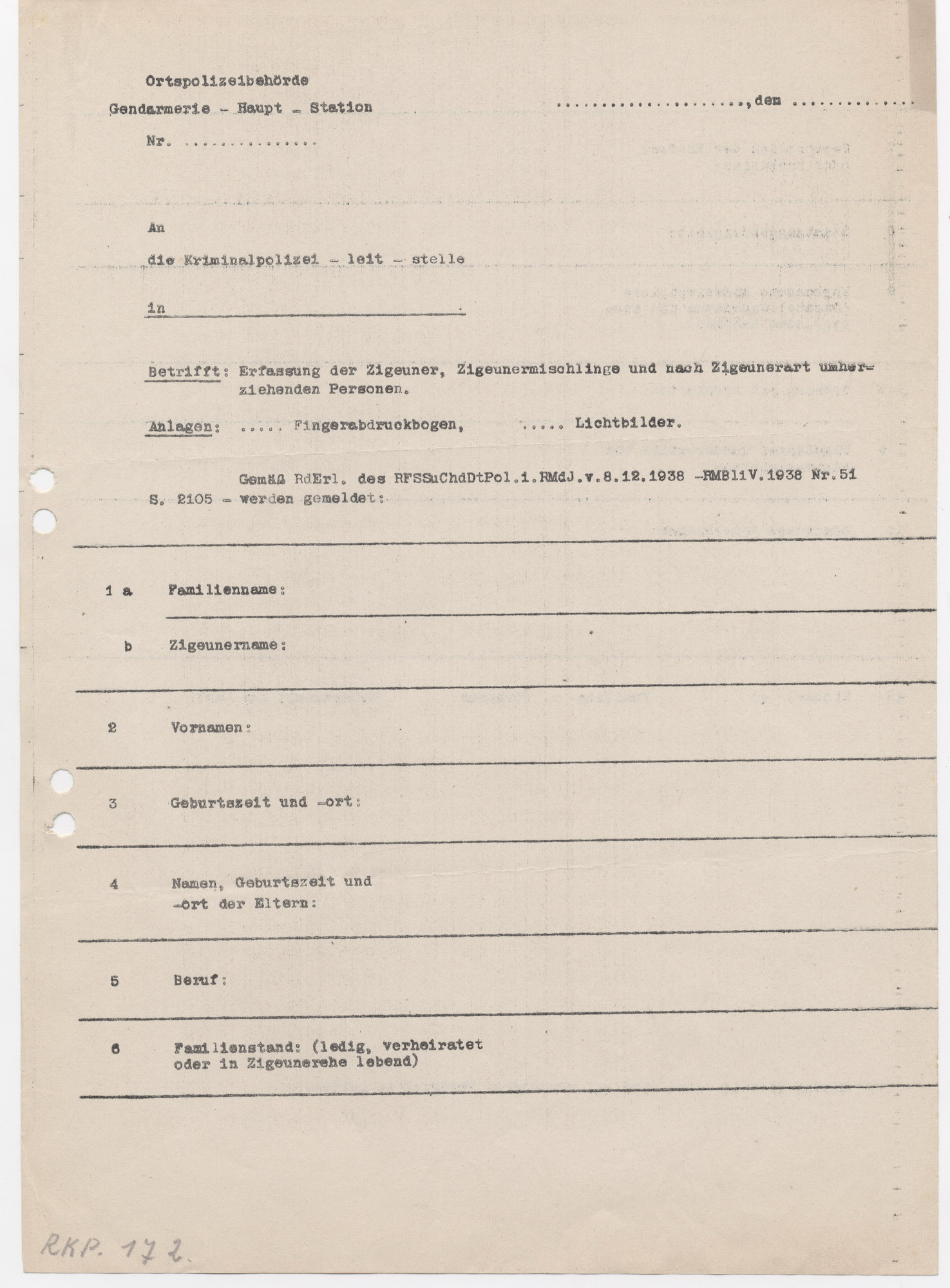 Vordruck RKP 172 zur Erfassung der Sinti und Roma durch Ortspolizeibehörden, 1939