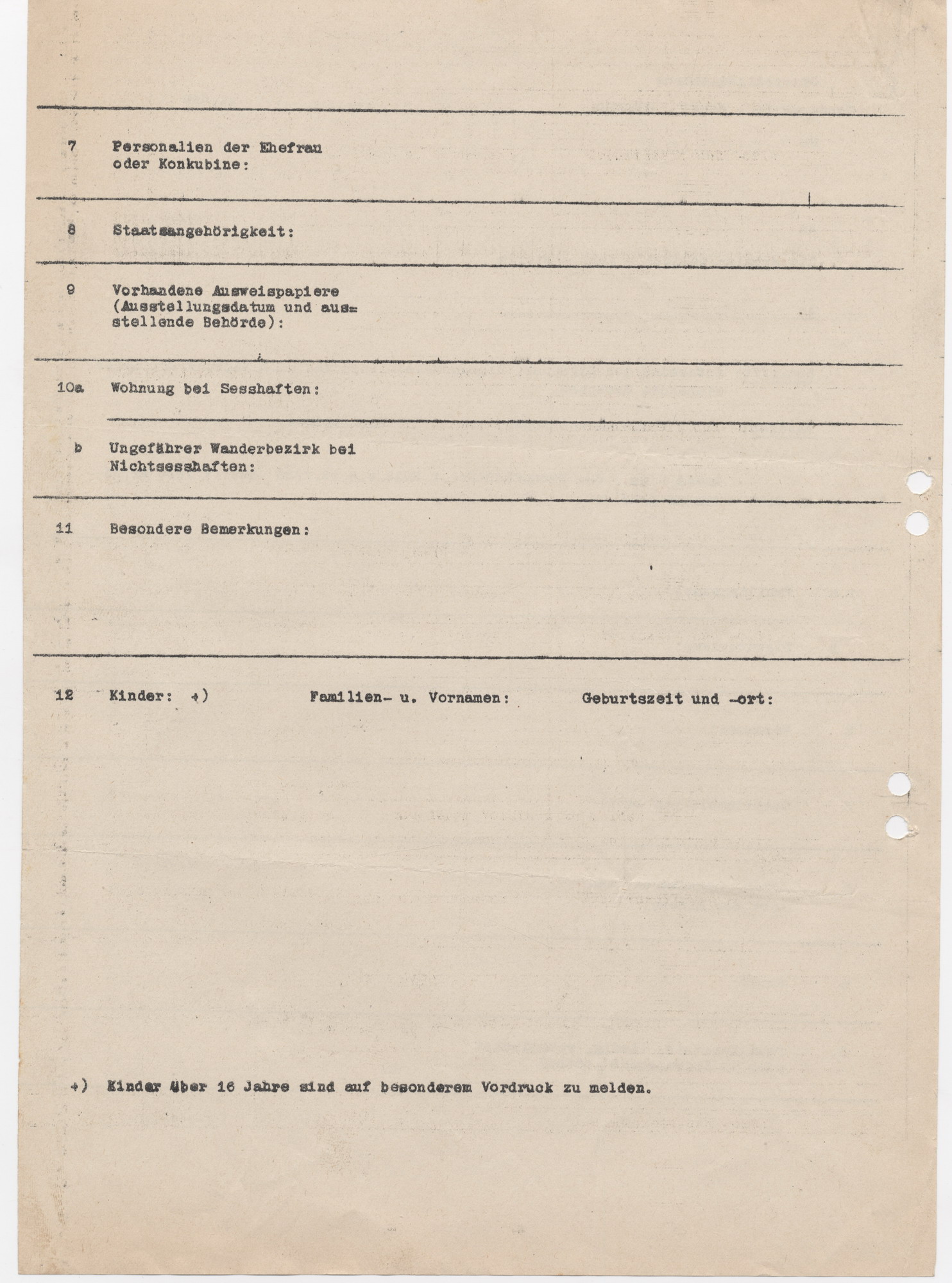 Vordruck RKP 172 zur Erfassung der Sinti und Roma durch Ortspolizeibehörden, 1939