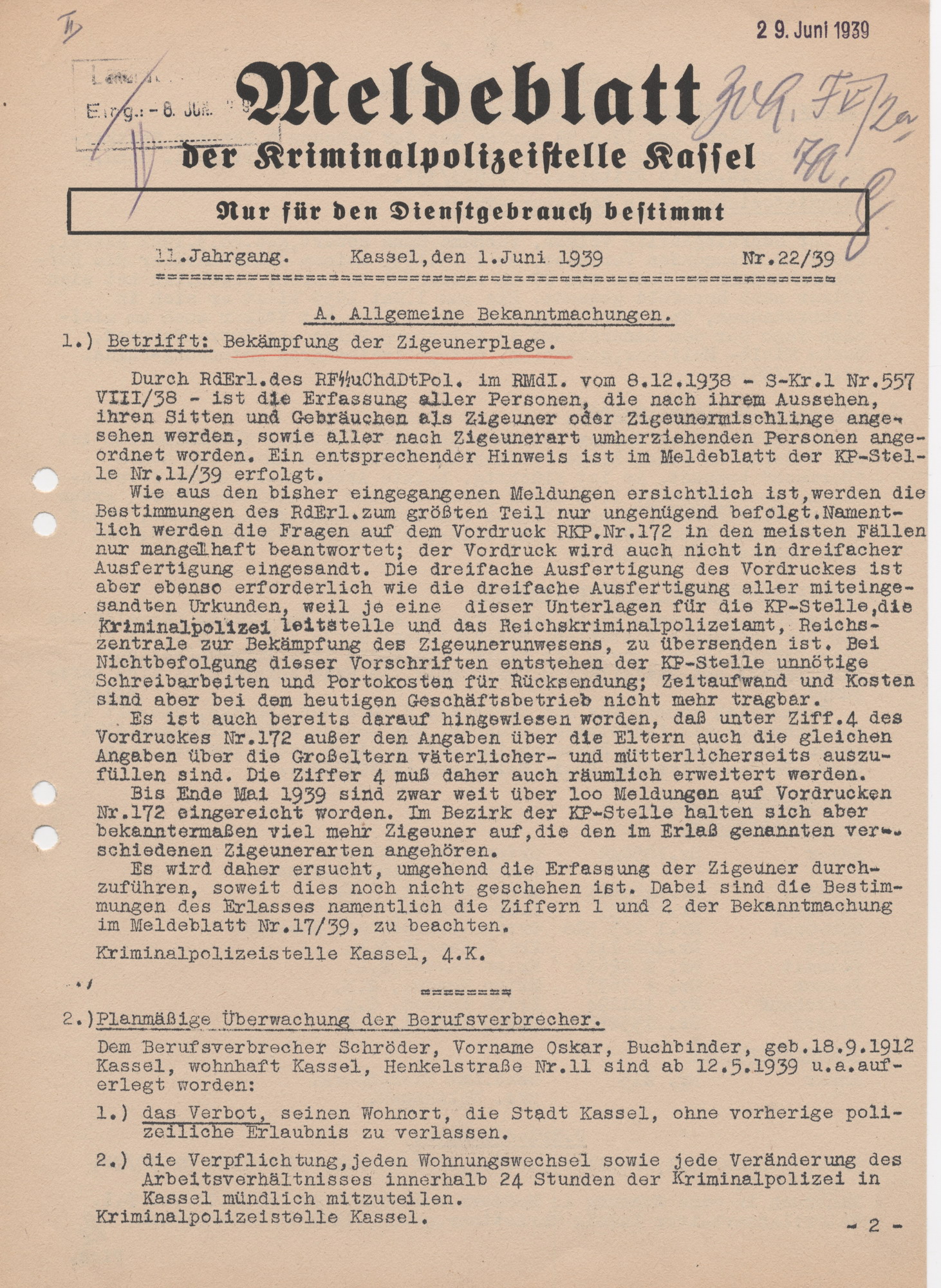 Allgemeine Bekanntmachung der Kriminalpolizeistelle Kassel zur Beachtung der Bestimmungen zur Erfassung der Sinti und Roma entsprechend des Grunderlasses vom 8. Dezember 1938, 1. Juni 1939