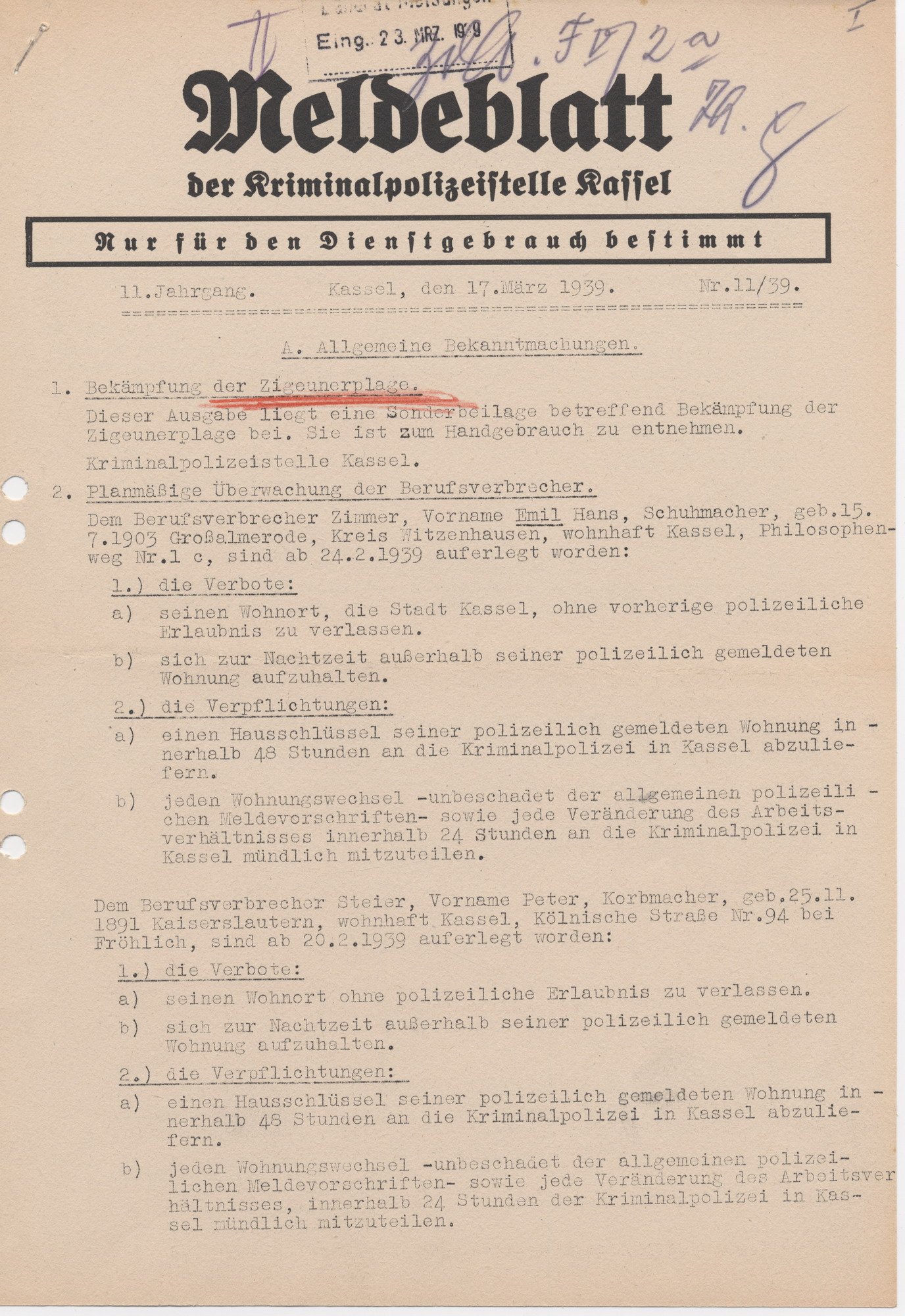 Anordnung der Kriminalpolizeistelle Kassel zur Erfassung aller "zigeunerischen Personen" auf der Grundlage der Runderlasses vom 8. Dezember 1938, 17. März 1939
