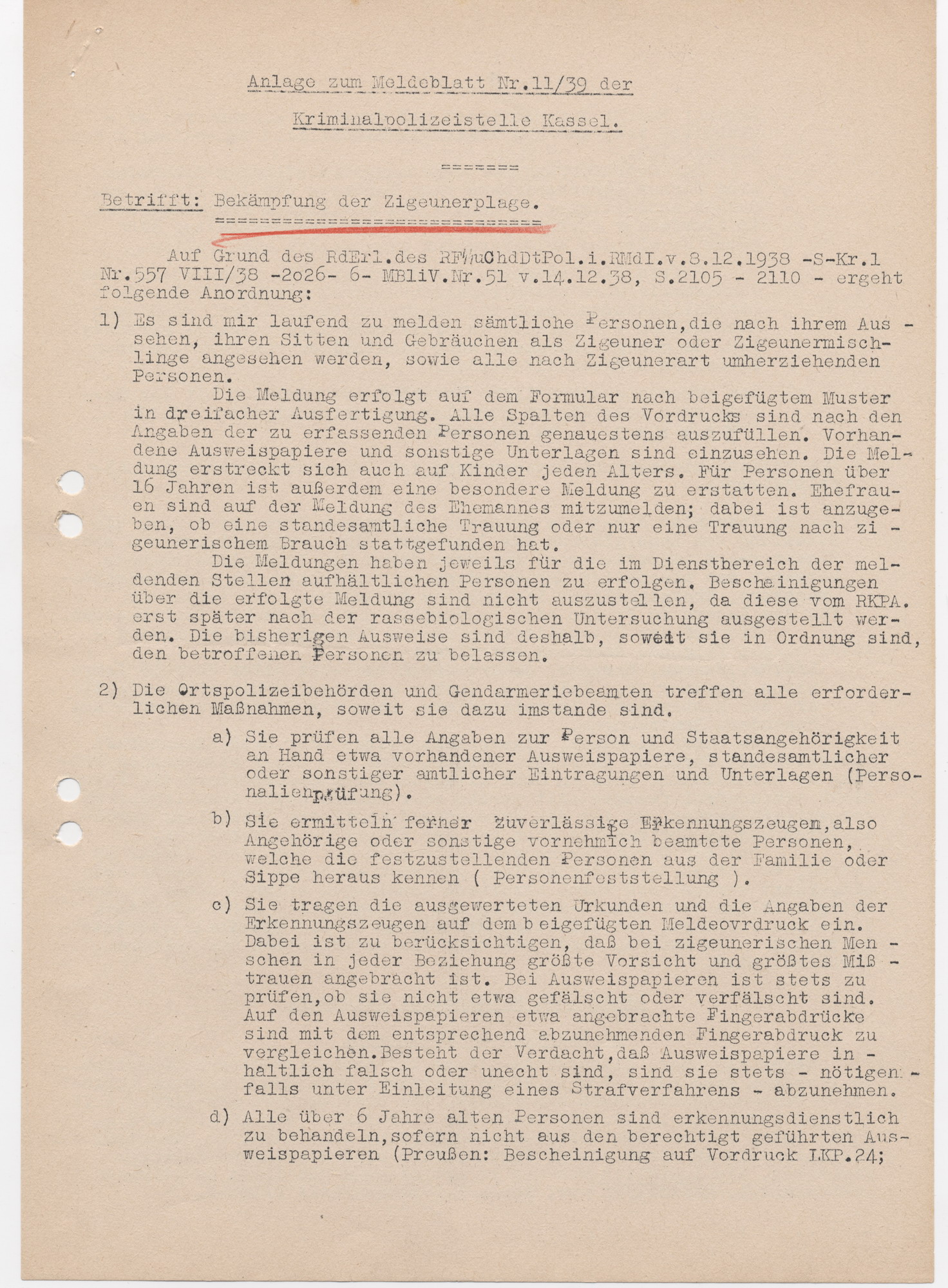 Anordnung der Kriminalpolizeistelle Kassel zur Erfassung aller "zigeunerischen Personen" auf der Grundlage der Runderlasses vom 8. Dezember 1938, 17. März 1939