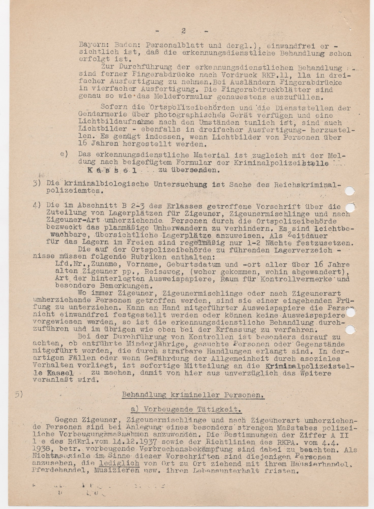 Anordnung der Kriminalpolizeistelle Kassel zur Erfassung aller "zigeunerischen Personen" auf der Grundlage der Runderlasses vom 8. Dezember 1938, 17. März 1939