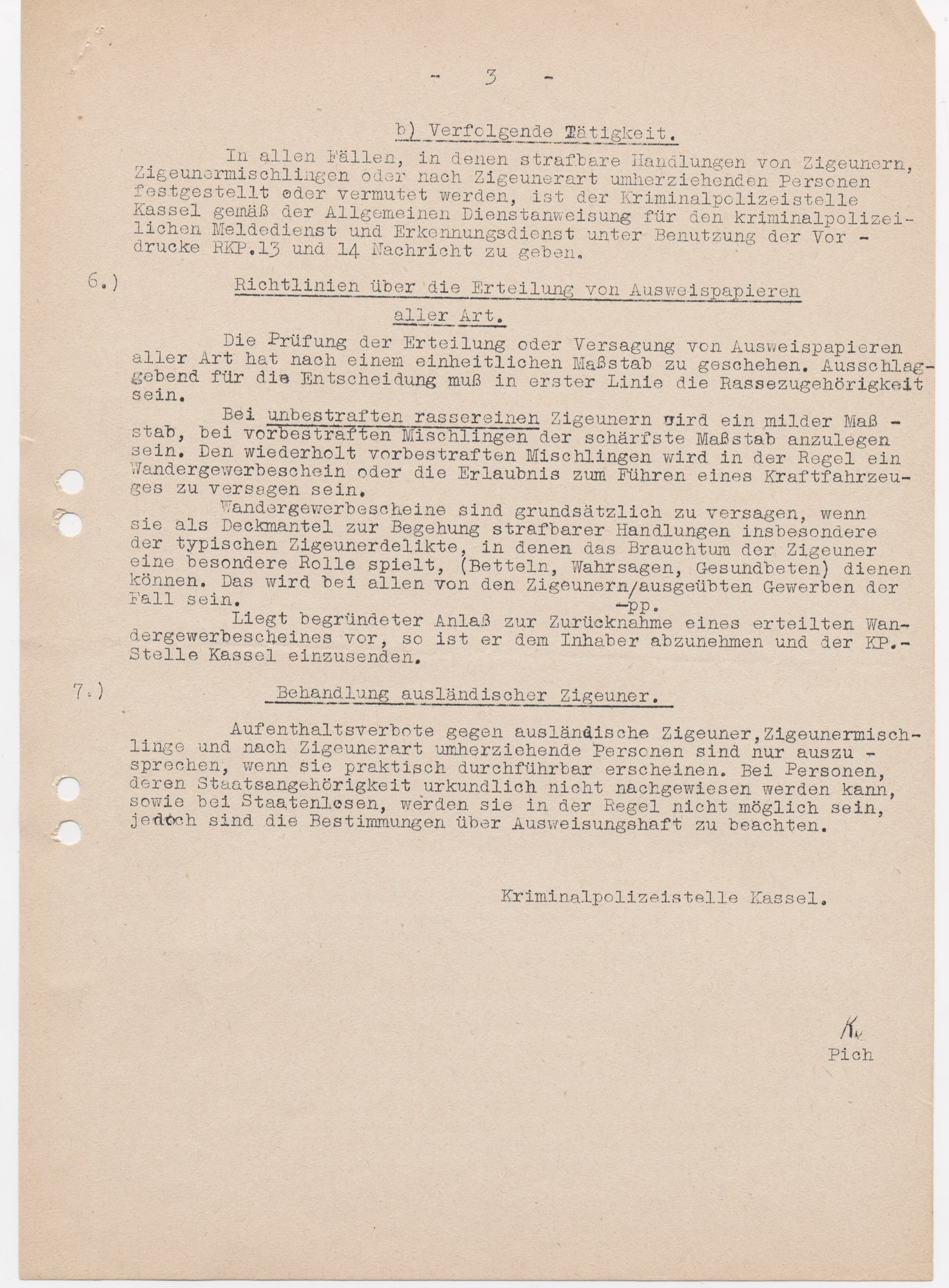 Anordnung der Kriminalpolizeistelle Kassel zur Erfassung aller "zigeunerischen Personen" auf der Grundlage der Runderlasses vom 8. Dezember 1938, 17. März 1939