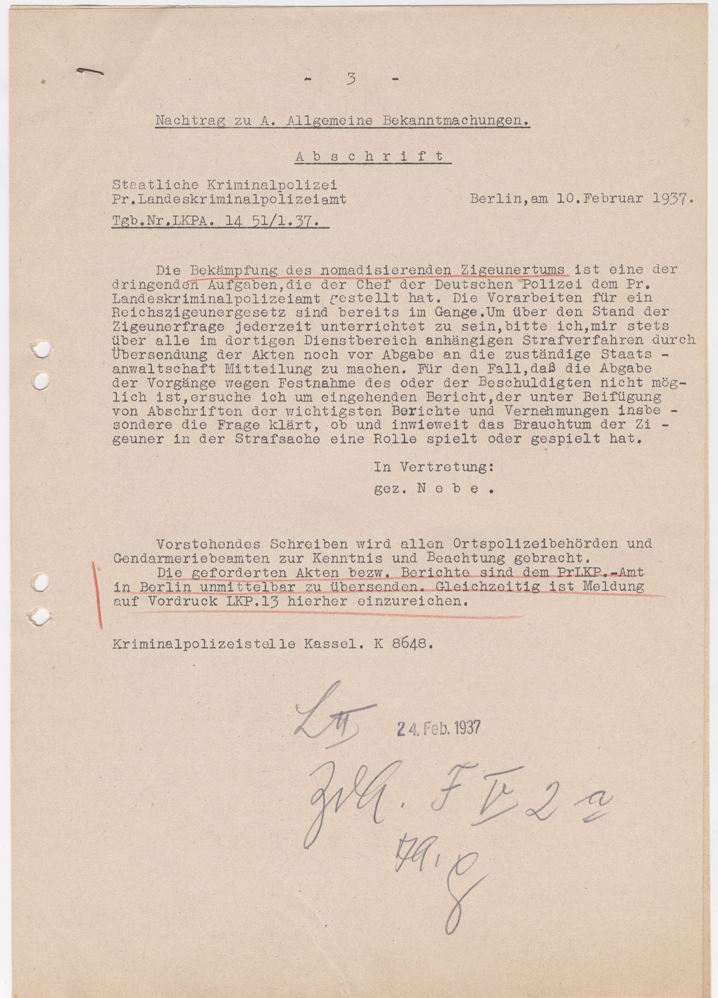 Rundschreiben des Preußischen Landeskriminalpolizeiamtes mit der Ankündigung eines "Reichszigeunergesetzes" und mit dem Aufruf zu Berichten über das Brauchtum, 10. Februar 1937
