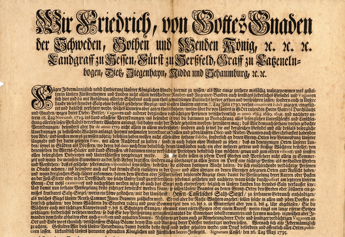 Edikt des Landgrafen Friedrich zur Abwehr von "Räuber- und Ziegeuner-Banden", 26. Mai 1735