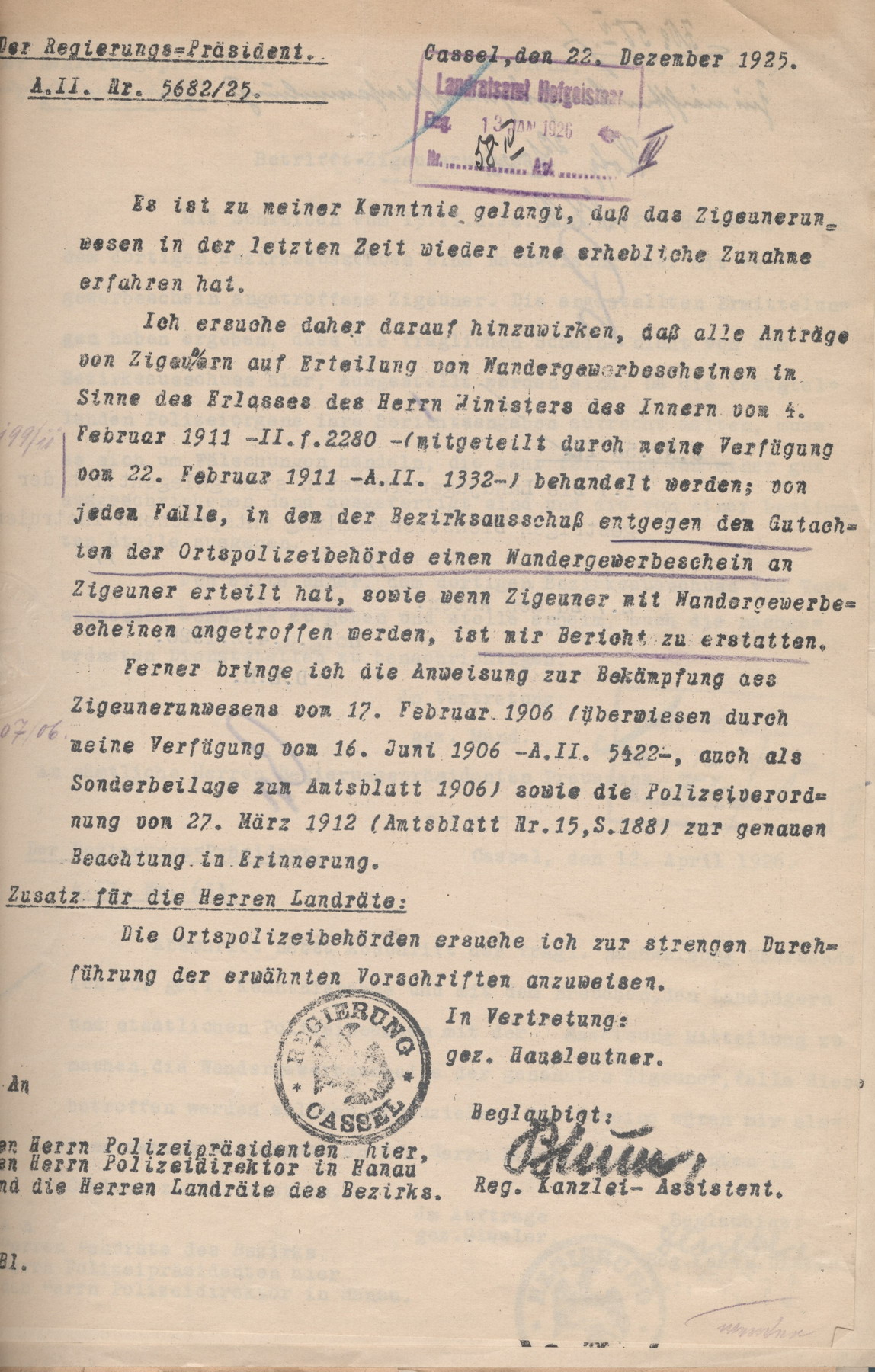 Schreiben des Regierungspräsidenten in Kassel an die Polizeipräsidenten und Landräte mit der Aufforderung zur Beachtung der Erlasse gegen die "Zigeuner", 22. Dezember 1925