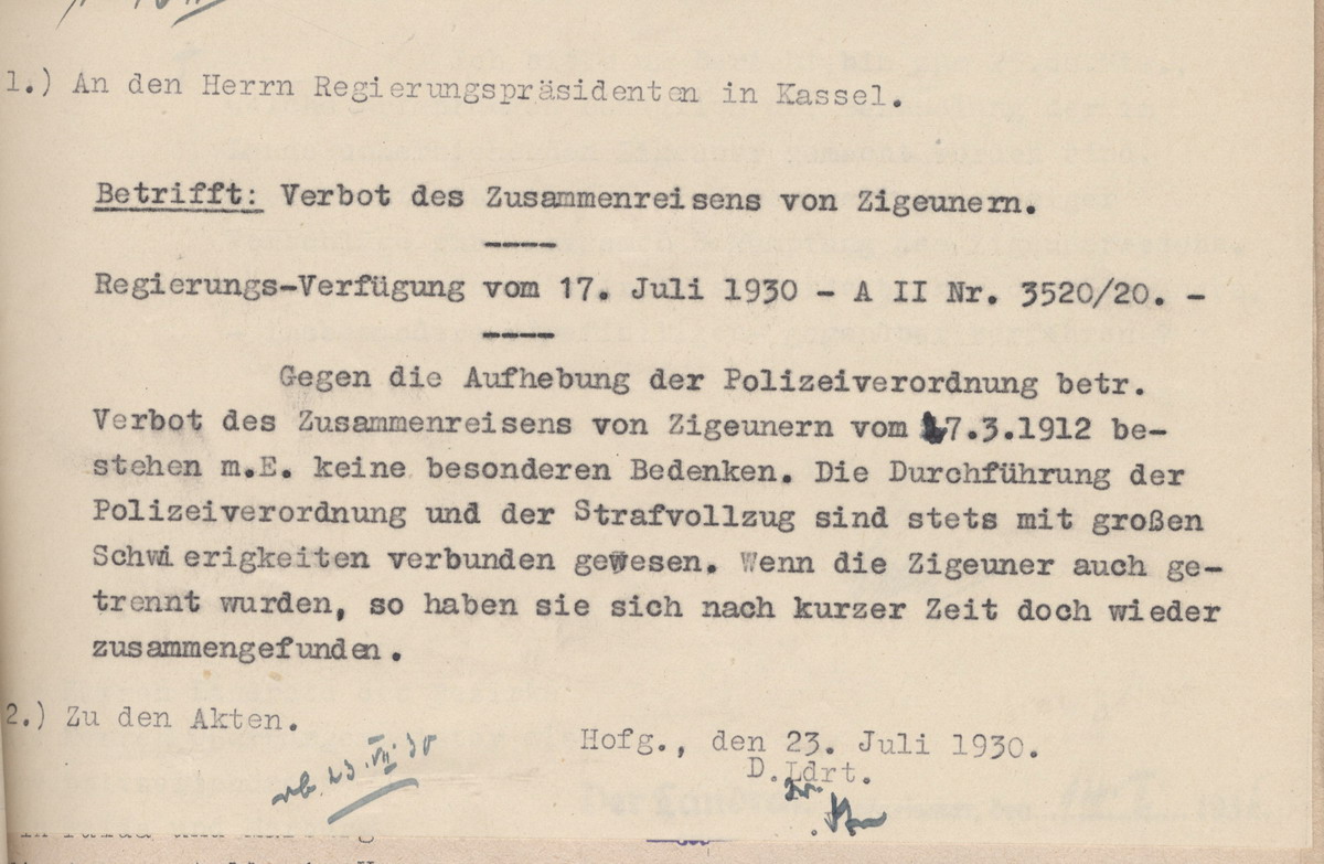 Antworten verschiedener Behörden auf die Verfügung des Regierungspräsidenten in Kassel, die Polizeiverordnung betr. Verbot des Zusammenreisens vom 17. März 1912, aufzuheben, vom 17. Juli 1930, verschiedene Daten im Juli 1930