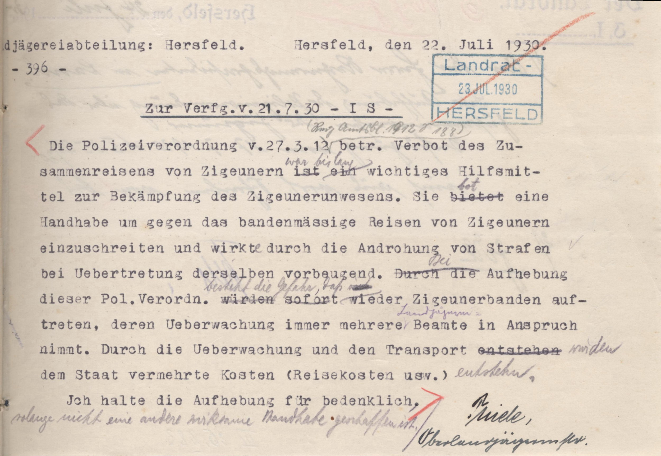 Antworten verschiedener Behörden auf die Verfügung des Regierungspräsidenten in Kassel, die Polizeiverordnung betr. Verbot des Zusammenreisens vom 17. März 1912, aufzuheben, vom 17. Juli 1930, verschiedene Daten im Juli 1930