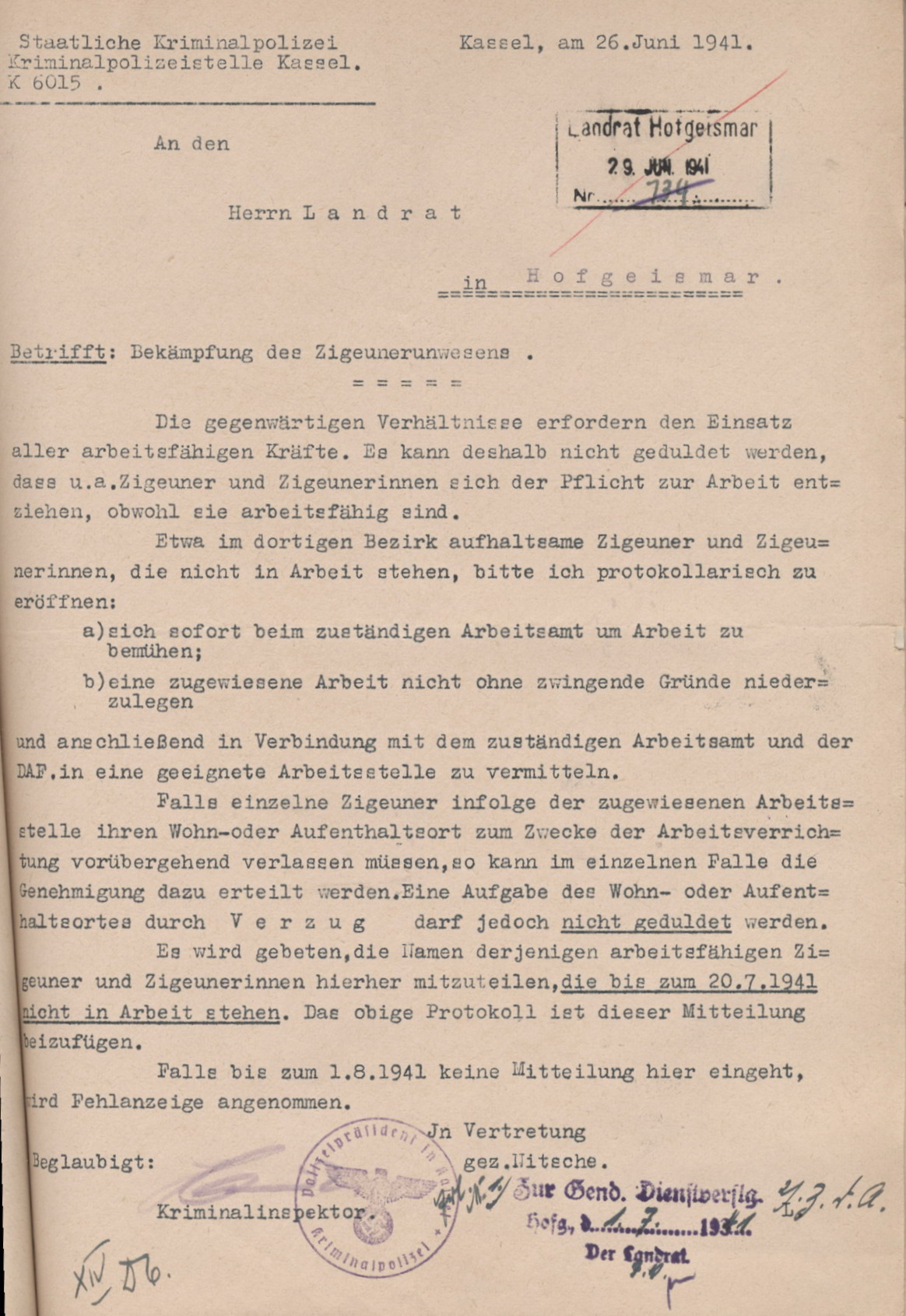 Schreiben der Kriminalpolizeistelle Kassel an den Landrat in Hofgeismar zur Arbeitspflicht der Sinti und Roma, 26. Juni 1941