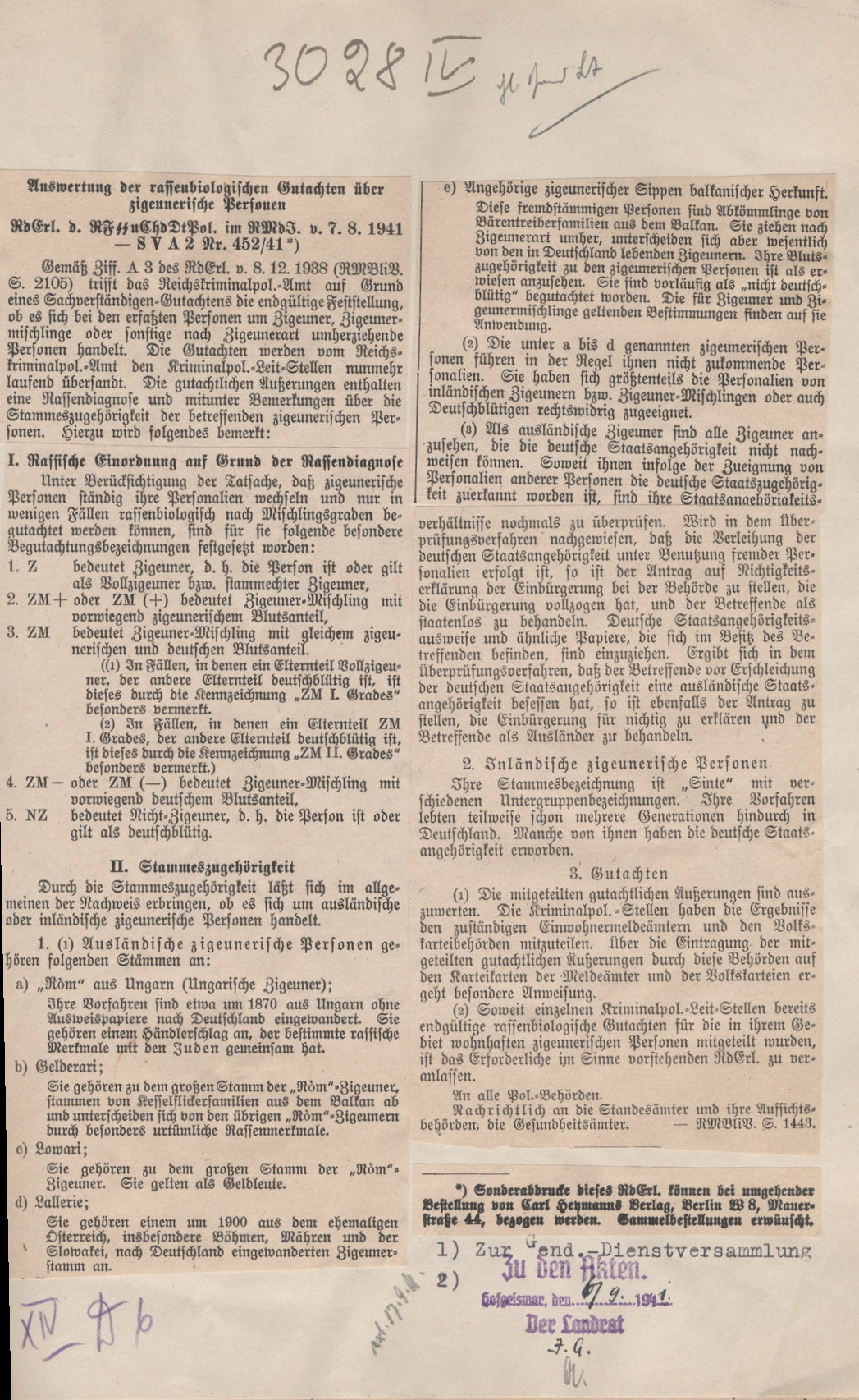 Runderlass des Reichsführers SS zur "Auswertung der rassenbiologischen Gutachten" für Sinti und Roma, 7. August 1941