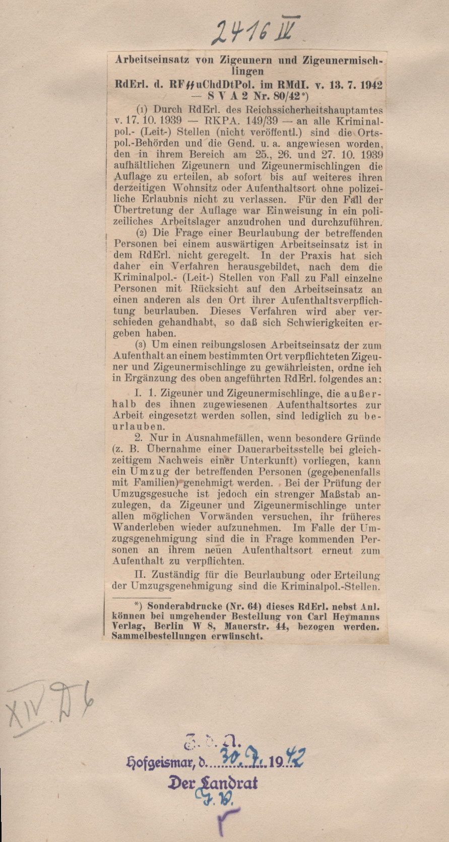 Runderlass des Reichsführers SS zum Arbeitseinsatz von Sinti und Roma, 13. Juli 1942