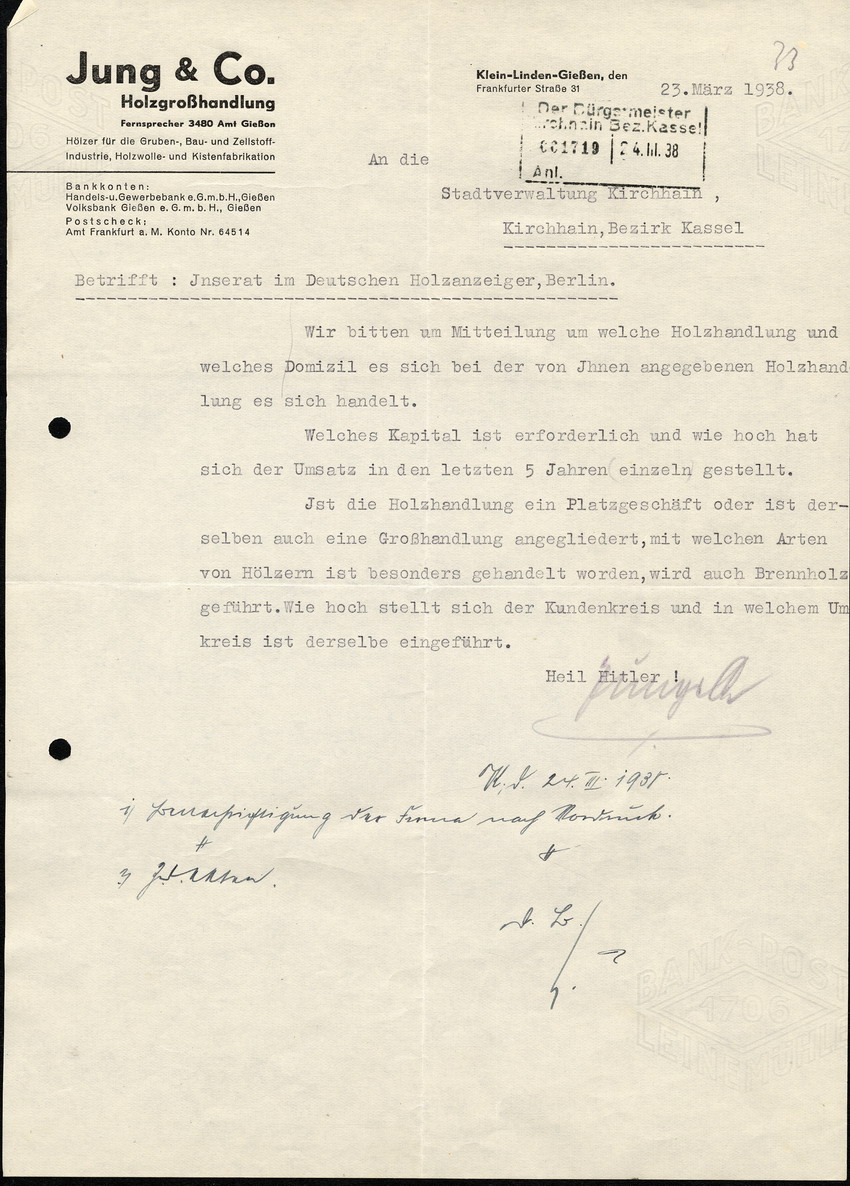 Jung & Co Holzgroßhandlung an die Stadtverwaltung in Kirchhain, btr. Inserat im Deutschen Holzanzeiger, 23. März 1938.