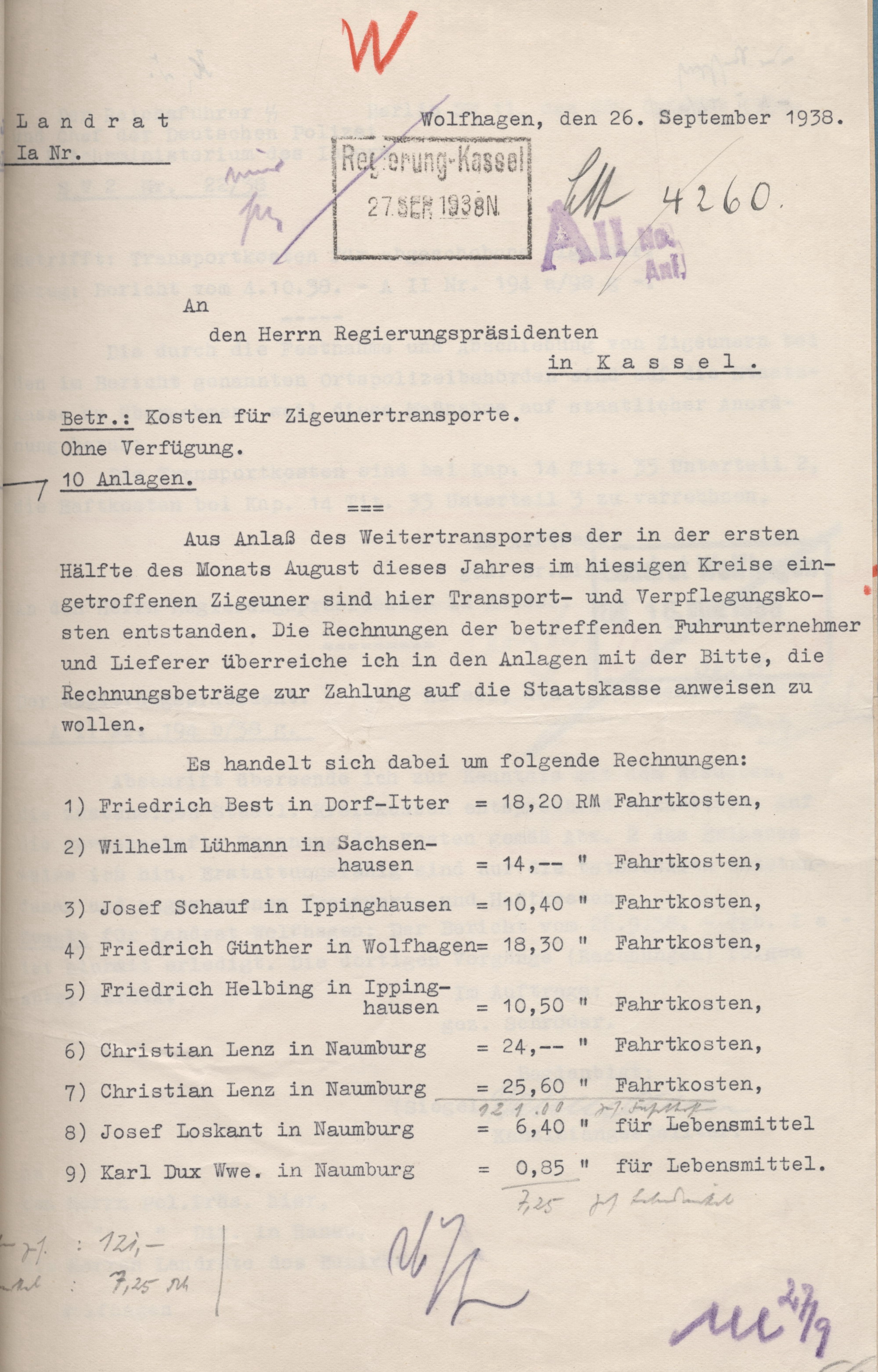 Schreiben des Landrats von Wolfhagen an den Regierungspräsidenten in Kassel mit Aufstellung für den Abschub von Sinti und Roma, 26. September 1938