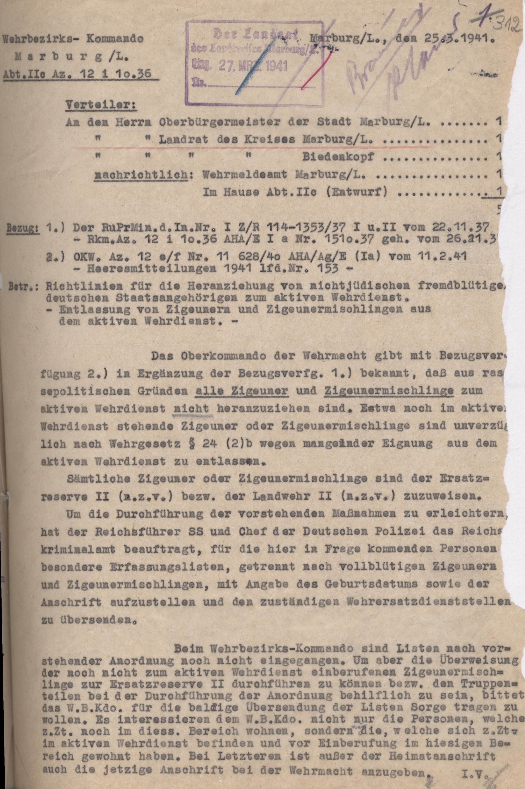 Schreiben des Wehrbezirks-Kommandos Marburg zur Entlassung von Sinti und Roma aus der Wehrmacht, 25. März 1941