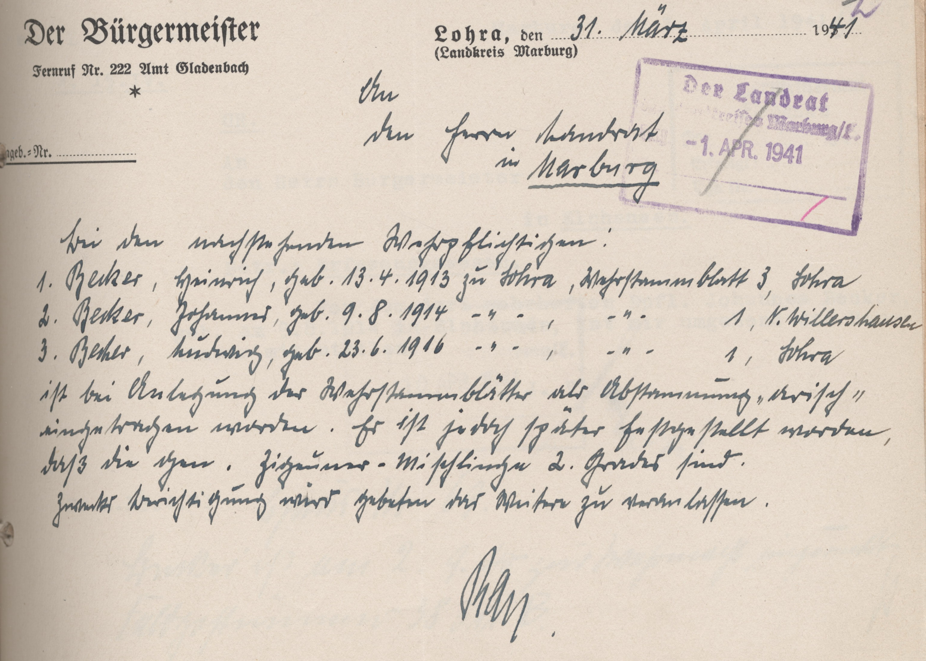 Meldung an den Landrat von Marburg von zur Wehrmacht eingezogenen Sinti durch Bürgermeisters von Lohra, 31. März 1941