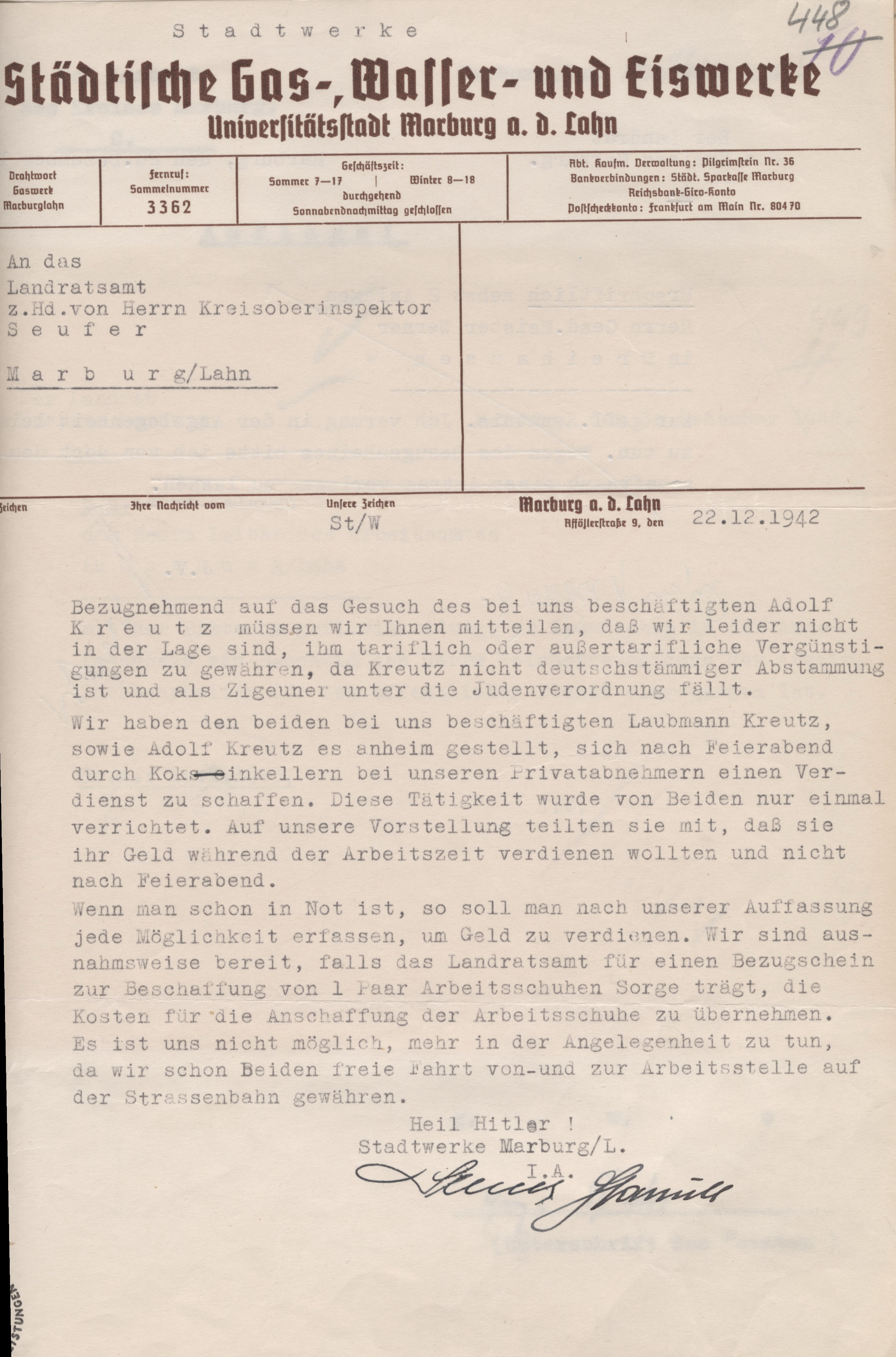 Schreiben der Städtischen Gas-, Wasser und Eiswerke Marburg an das Landratsamt Marburg wegen der untertariflichen Bezahlung zweier Sinti, 22. Dezember 1942