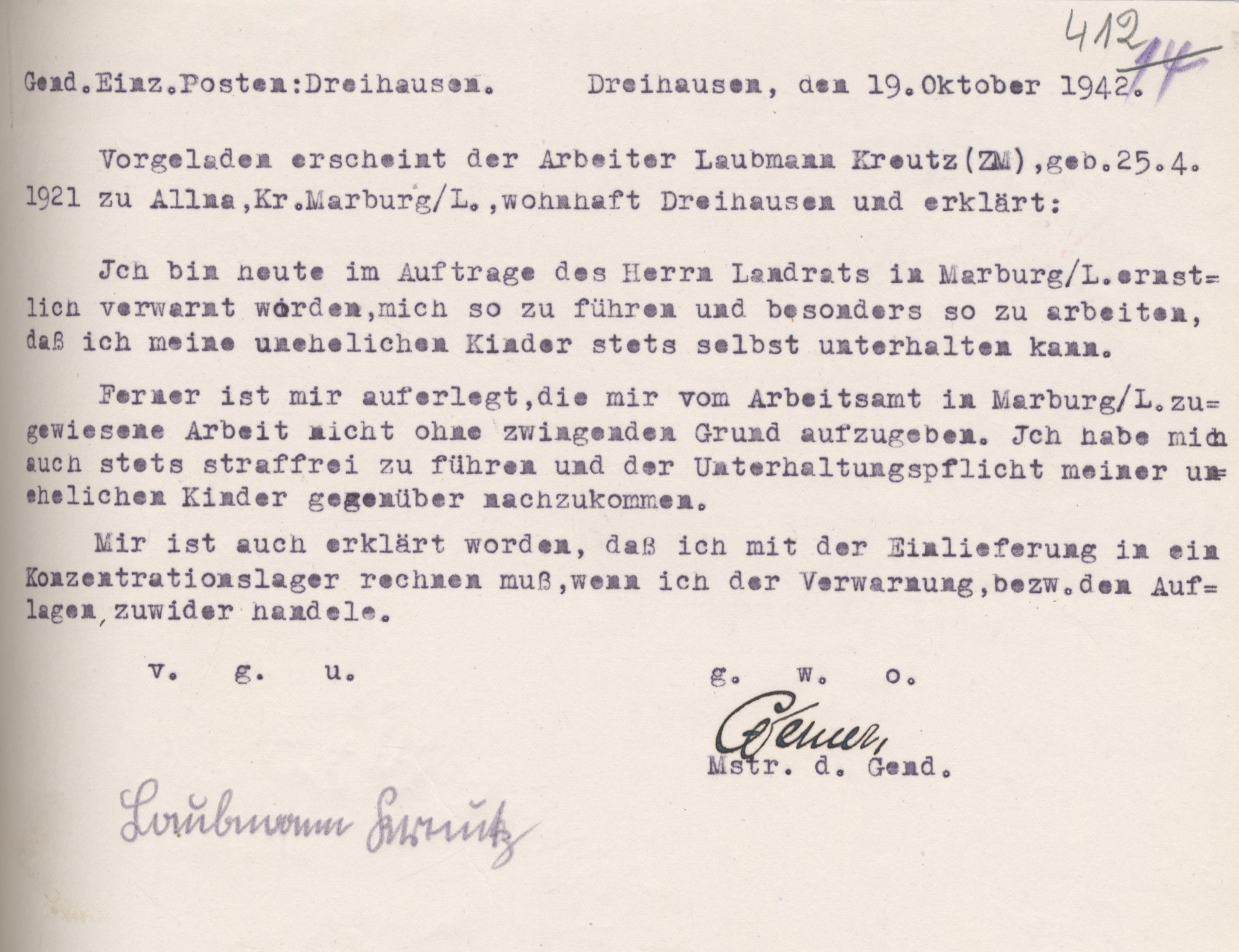 Verpflichtungserklärung des Sintos Laubmann Kreutz beim Gendarmerieposten in Dreihausen, 19. Oktober 1942