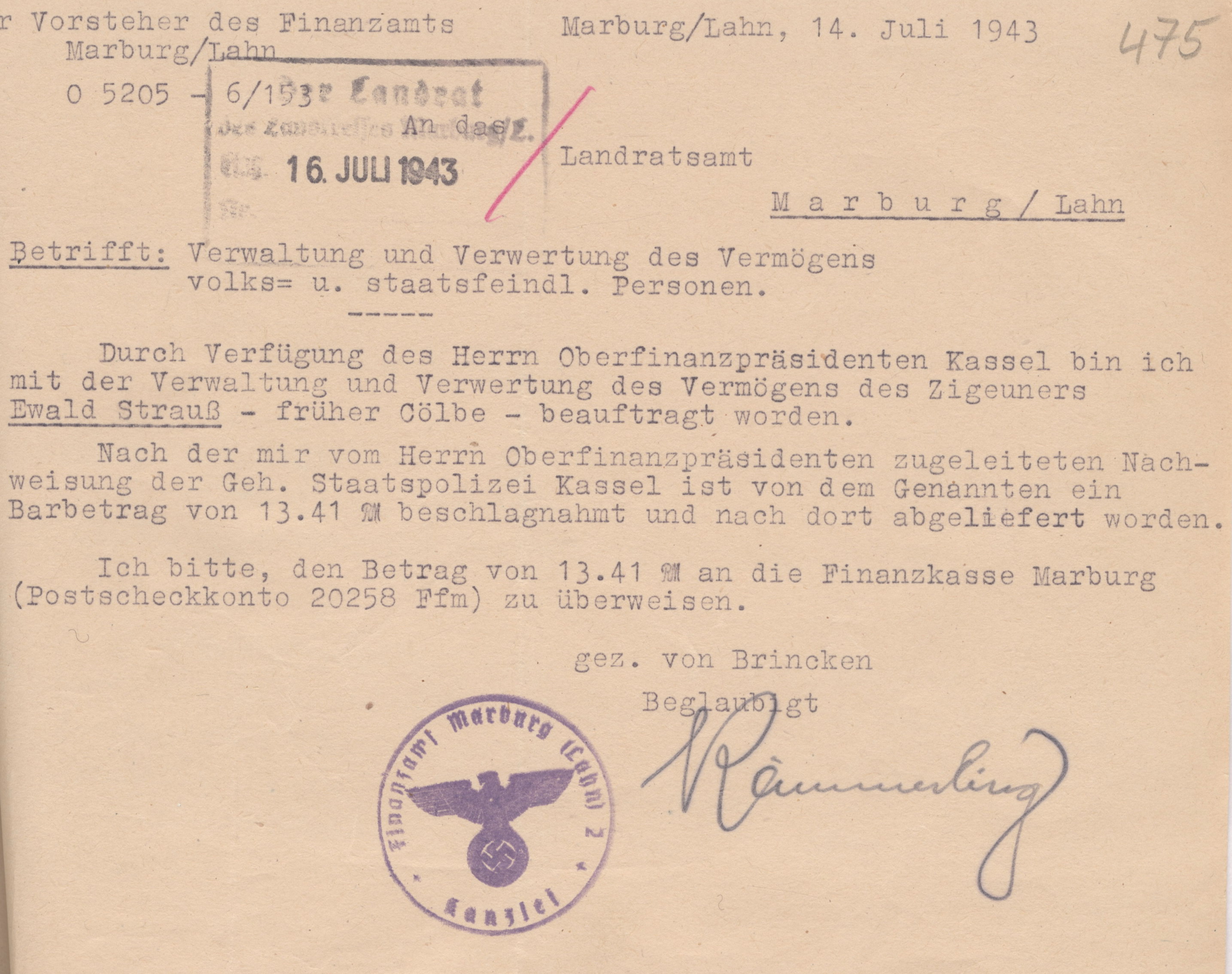 Schreiben des Finanzamtes Marburg an das Landratsamt wegen der Enteignung des deportierten Sintos Ewald Strauß aus Cölbe, 14. Juli 1943