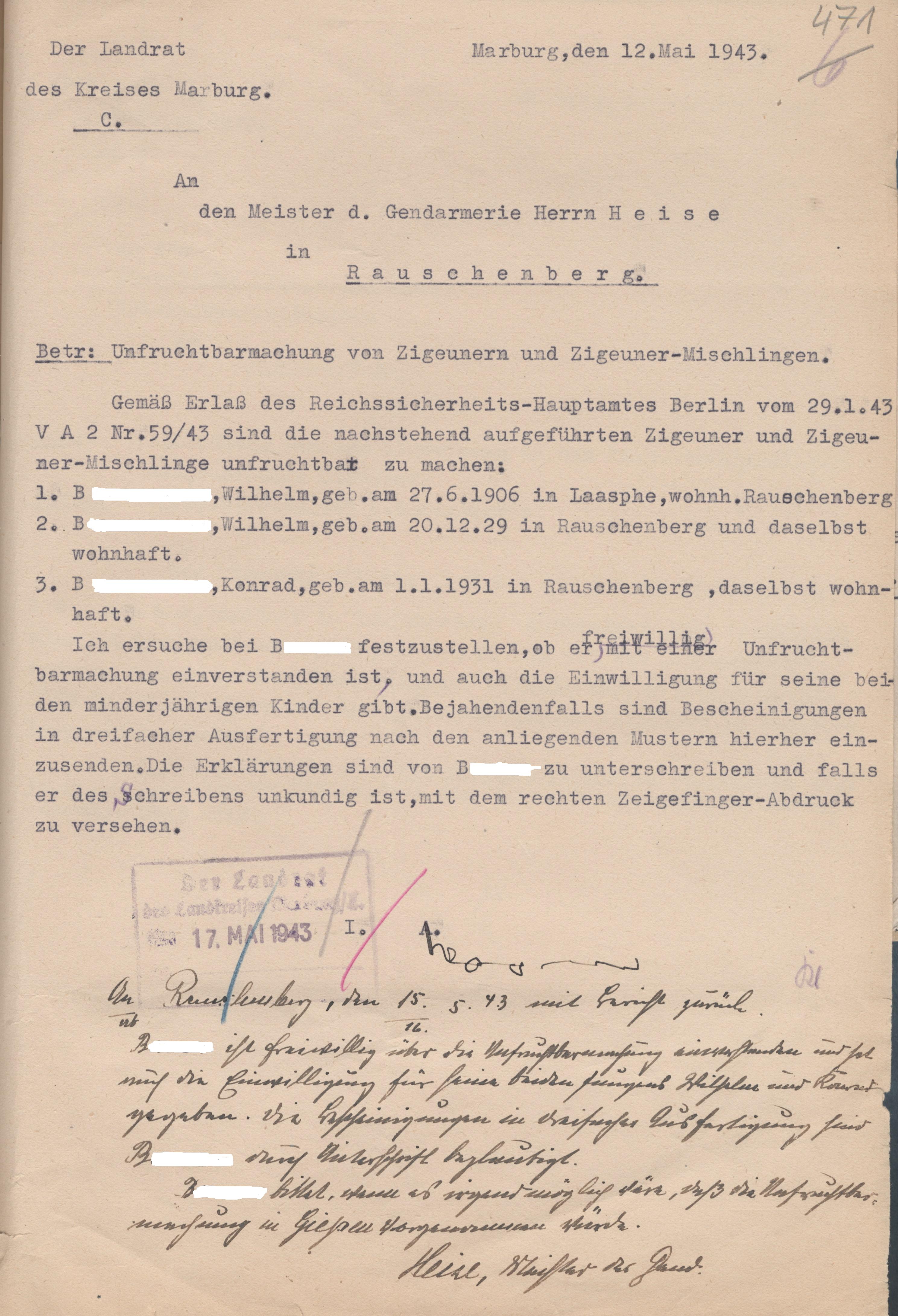 Schreiben des Landrats von Marburg an den Meister der Gendarmerie in Rauschenberg wegen der Sterilisierung von "Zigeunern", 12. Mai 1943