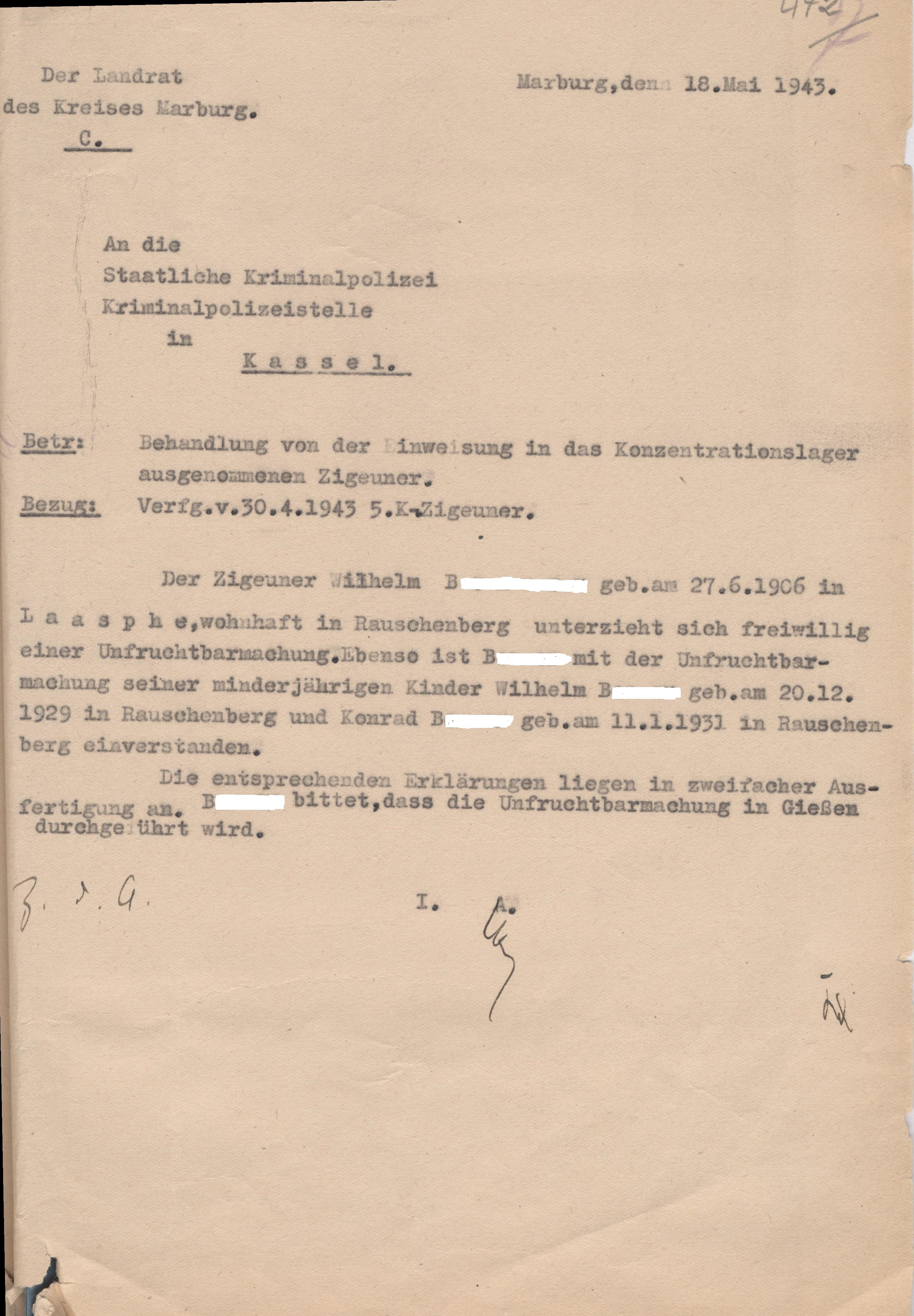 Schreiben des Landrats in Marburg an die Kriminalpolizeistelle in Kassel wegen der Sterilisierung mehrerer Sinti, 18. Mai 1943