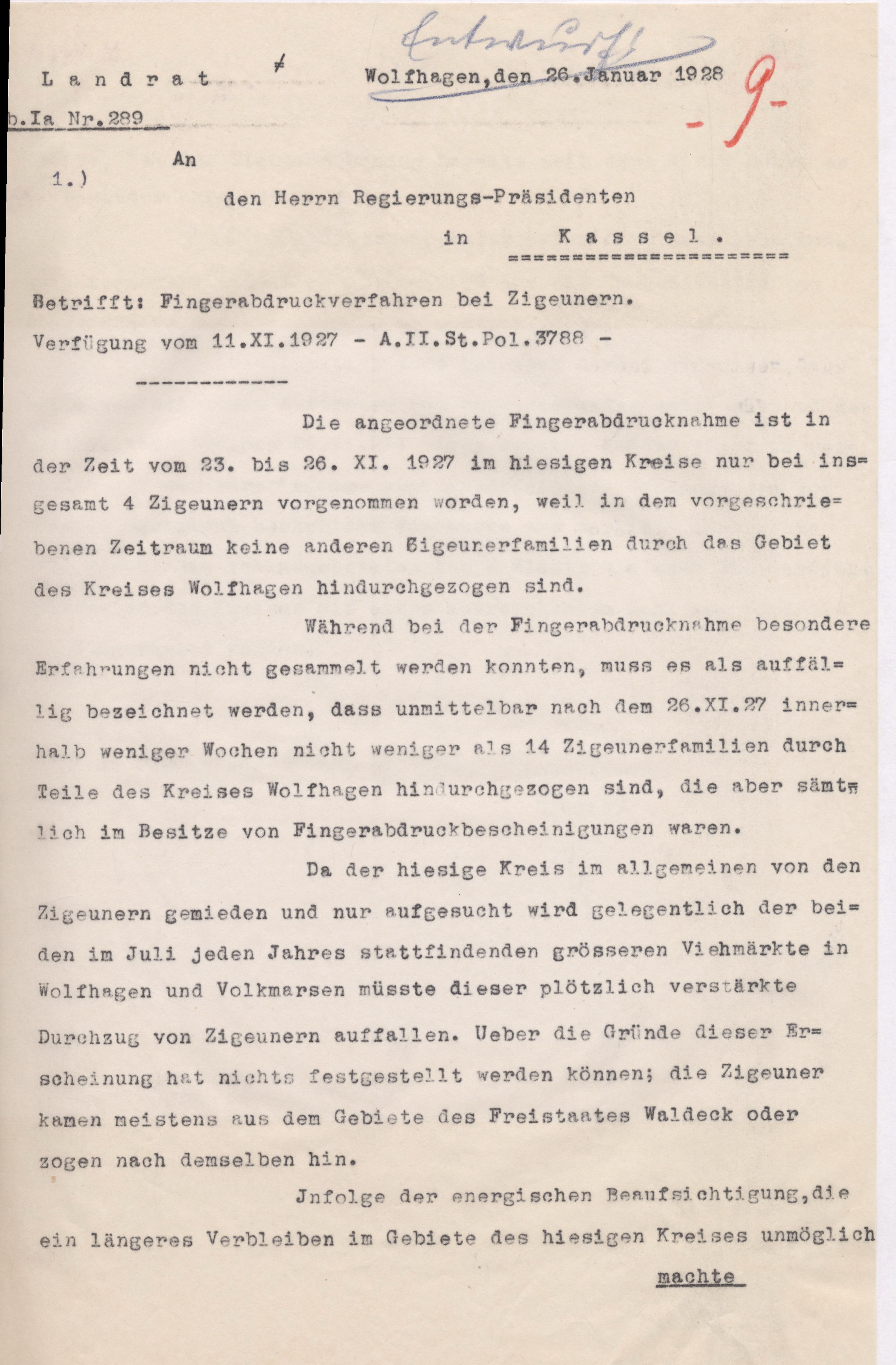 Schreiben des Landrats in Wolfhagen an den Regierungspräsidenten in Kassel über die Erfahrungen mit dem Fingerabdruckverfahren bei Sinti und Roma, 26. Januar 1928 (Entwurf)
