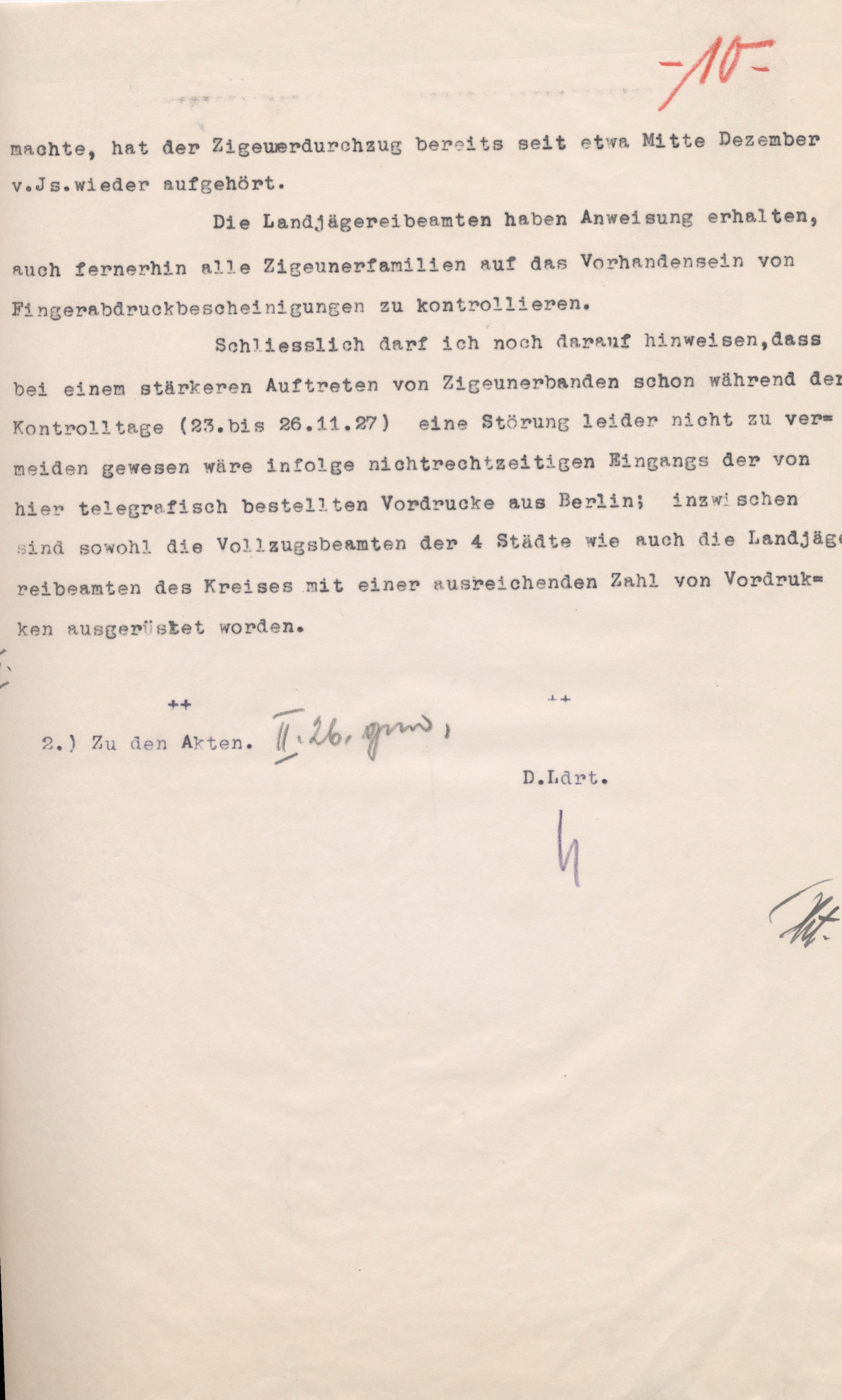 Schreiben des Landrats in Wolfhagen an den Regierungspräsidenten in Kassel über die Erfahrungen mit dem Fingerabdruckverfahren bei Sinti und Roma, 26. Januar 1928 (Entwurf)