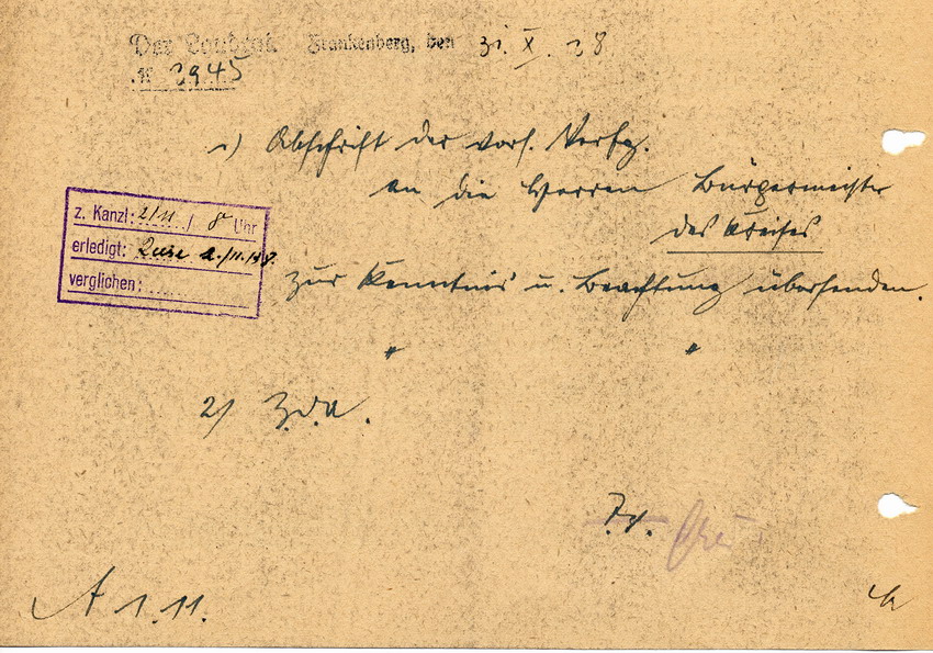 Schreiben des Regierungspräsidenten in Kassel an die Landräte. Juden sollen keine Steuervergünstigungen mehr bekommen, 26. Oktober 1938