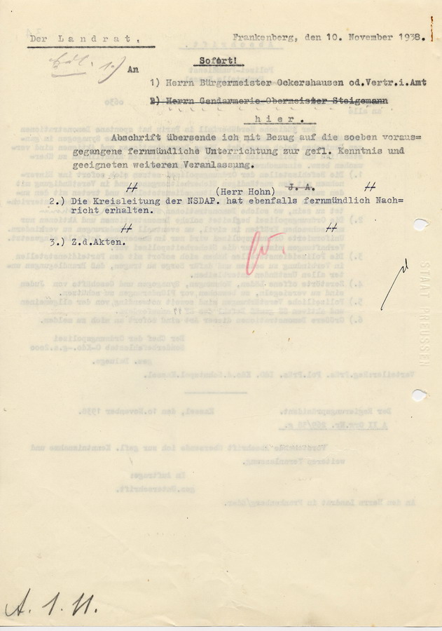 Abschrift eines Schreibens der Gestapo Kassel an die Regierungspräsidenten. Maßnahmenkatalog bezüglich der Ausschreitungen, 10.November 1938