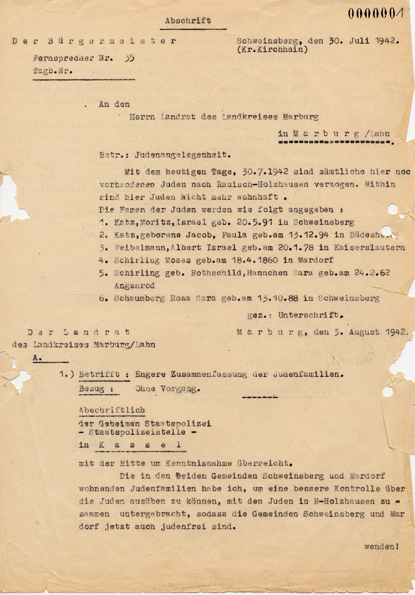 Schreiben des Landrats des Landkreises Marburg an die Staatspolizeistelle Kassel betreffend zwangsweise Umsiedlung jüdischer Familien aus Schweinsberg und Mardorf, 3. August 1942.