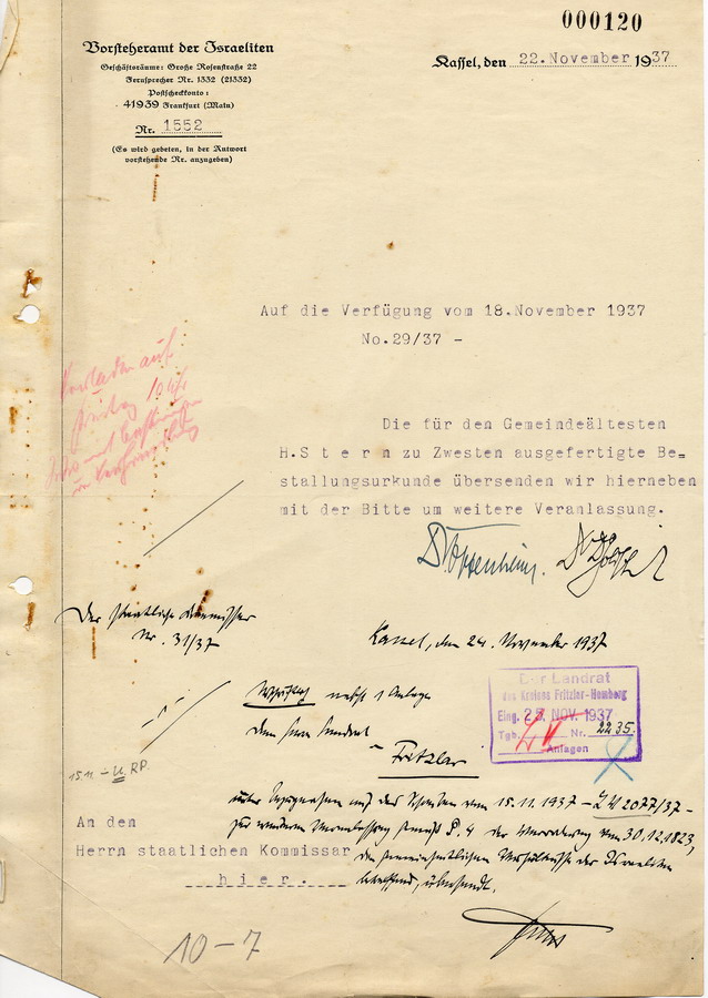 Schreiben des Vorsteheramts der Israeliten in Kassel an den Landrat in Fritzlar. Bestallungsurkunde für den Geimeindeältesten H. Stern, 22. November 1937