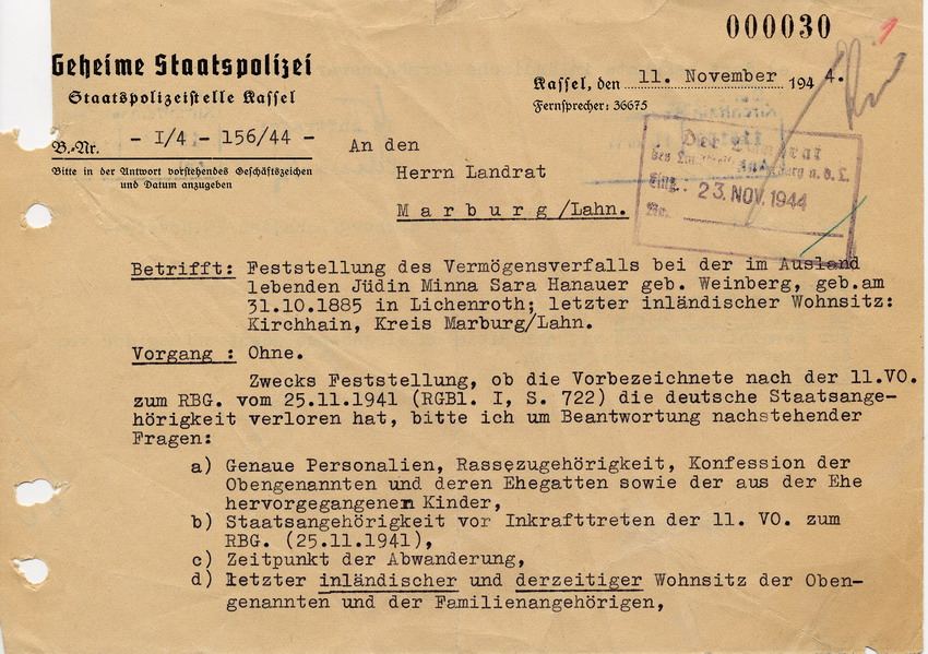 Schreiben der Staatspolizeistelle Kassel an den Landrat in Marburg betreffend Prüfung der Staatsangehörigkeit von Minna Hanauer, 11. November 1944.