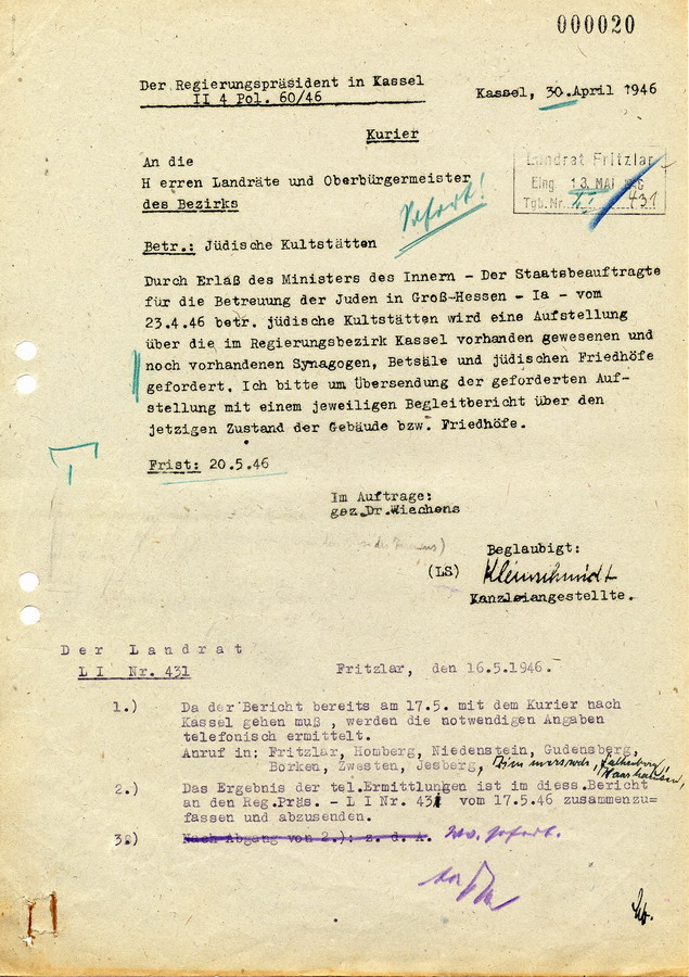 Kurierschreiben des Regierungspräsidenten in Kassel an die Landräte. Jüdische Kultstätten sollen mit Listen erfasst und auf ihren Zustand überprüft werden, 30. April 1946