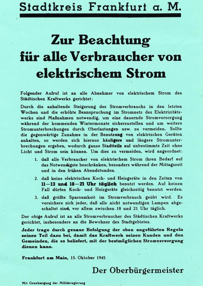 Anschlag Stadtkreis Frankfurt: "Zur Beachtung für alle Verbraucher von elektrischem Strom" vom 15.10.1945