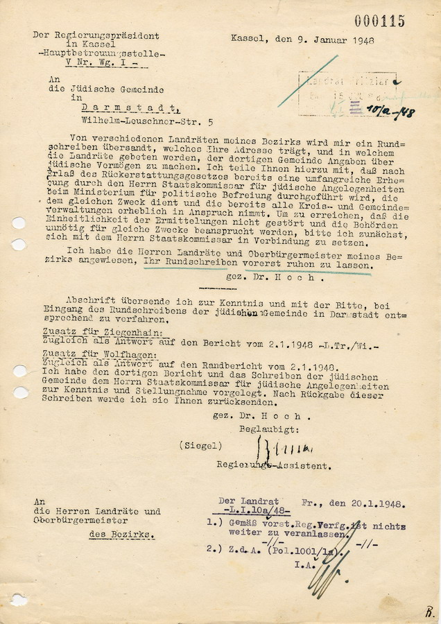 Schreiben des Regierungspräsident in Kassel an die jüdische Gemeinde in Darmstadt. Hinweis auf bereits durchgeführte Erhebungen, 9. Januar 1948