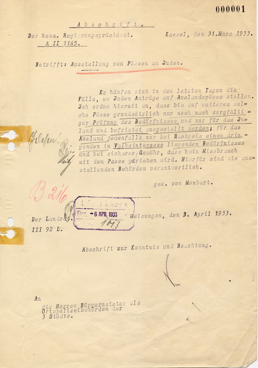 Schreiben vom komm. Regierungspräsidenten von Monbart betreffend Ausstellung von Pässen an Juden, 31. März 1933.