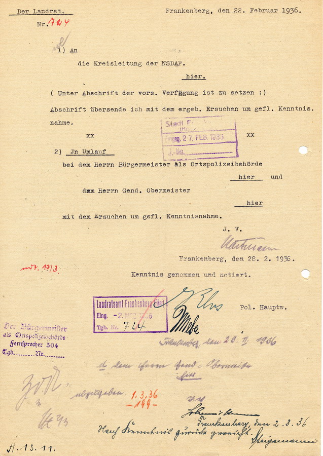 Schreiben des Regierungspräsidenten in Kassel an Landräte, Bürgermeister und Polzei. Beschäftigungsverhältnisse in jüdischen  Haushalten werden eingeschränkt, 20. Februar 1936
