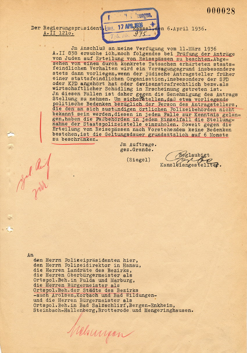 Schreiben des Regierungspräsidenten in Kassel betreffend Gründe für die Versagung der Ausstellung eines Reisepasses bei jüdischen Antragstellern, 6. April 1936.