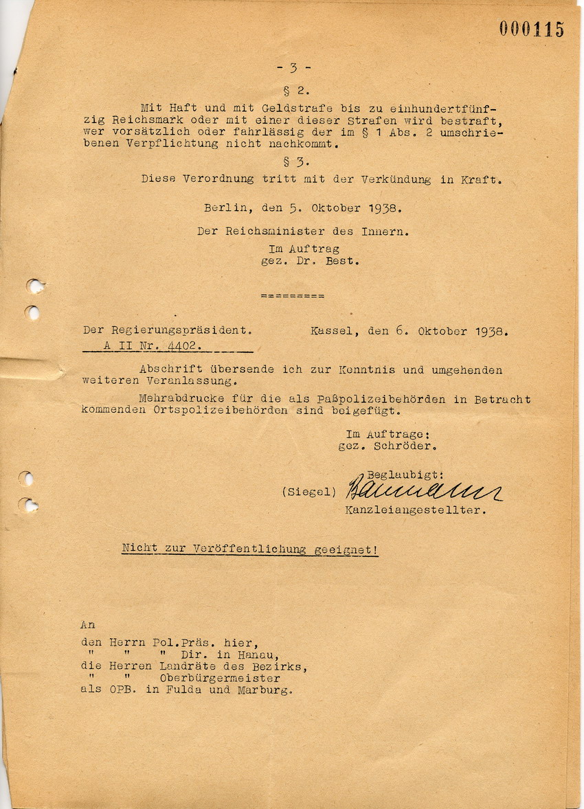 Schnellbrief des Reichsministers des Innern betreffend Behandlung der eingereichten Reisepässe von Juden, 5. Oktober 1938.