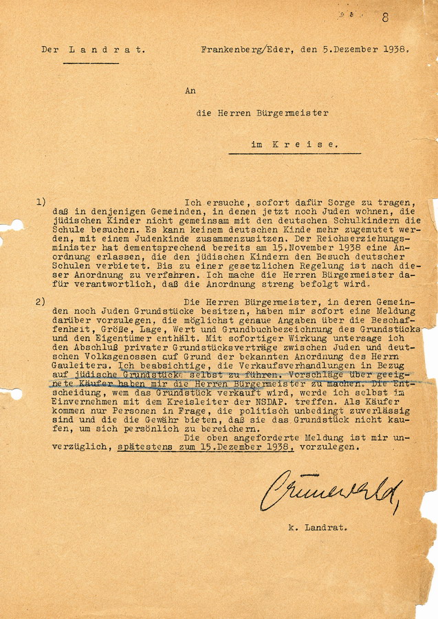 Schreiben des Landrats in Frankenberg an alle Bürgermeister. Jüdische Kinder erhalten separaten Unterricht, es sollen Vorschläge für potentielle Käufer jüdischer Grundstücke gemacht werden, 5. Dezember 1938