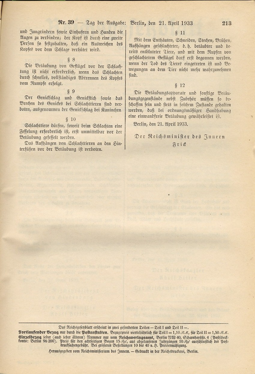 Verordnung betreffend Schlachten von Tieren: Verbot des Schlachtens von Tieren nach jüdischem Ritus, 21. April 1933.