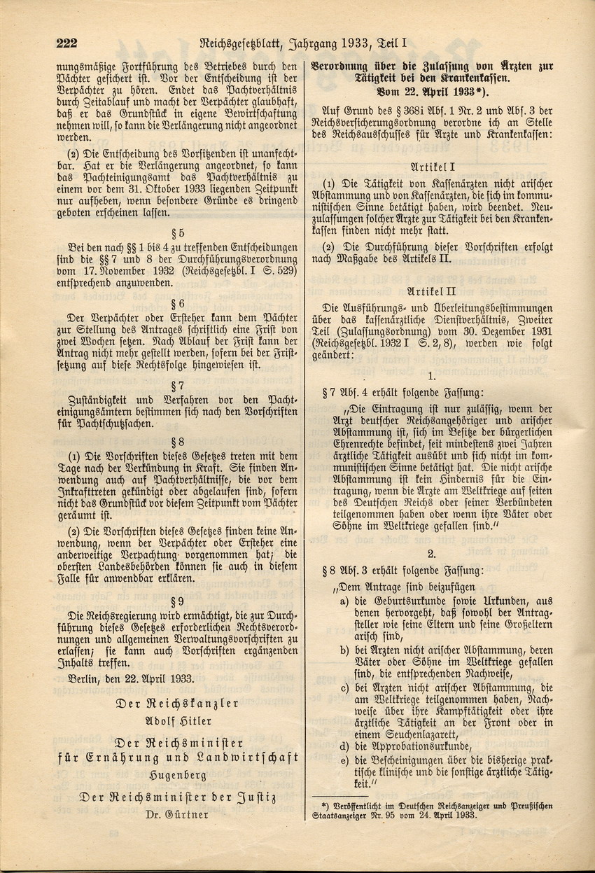 Verordnung betreffend Zulassung von Kassenärzten: Zulassung "nichtarischer" Kassenärzte erlischt, 22. April 1933.