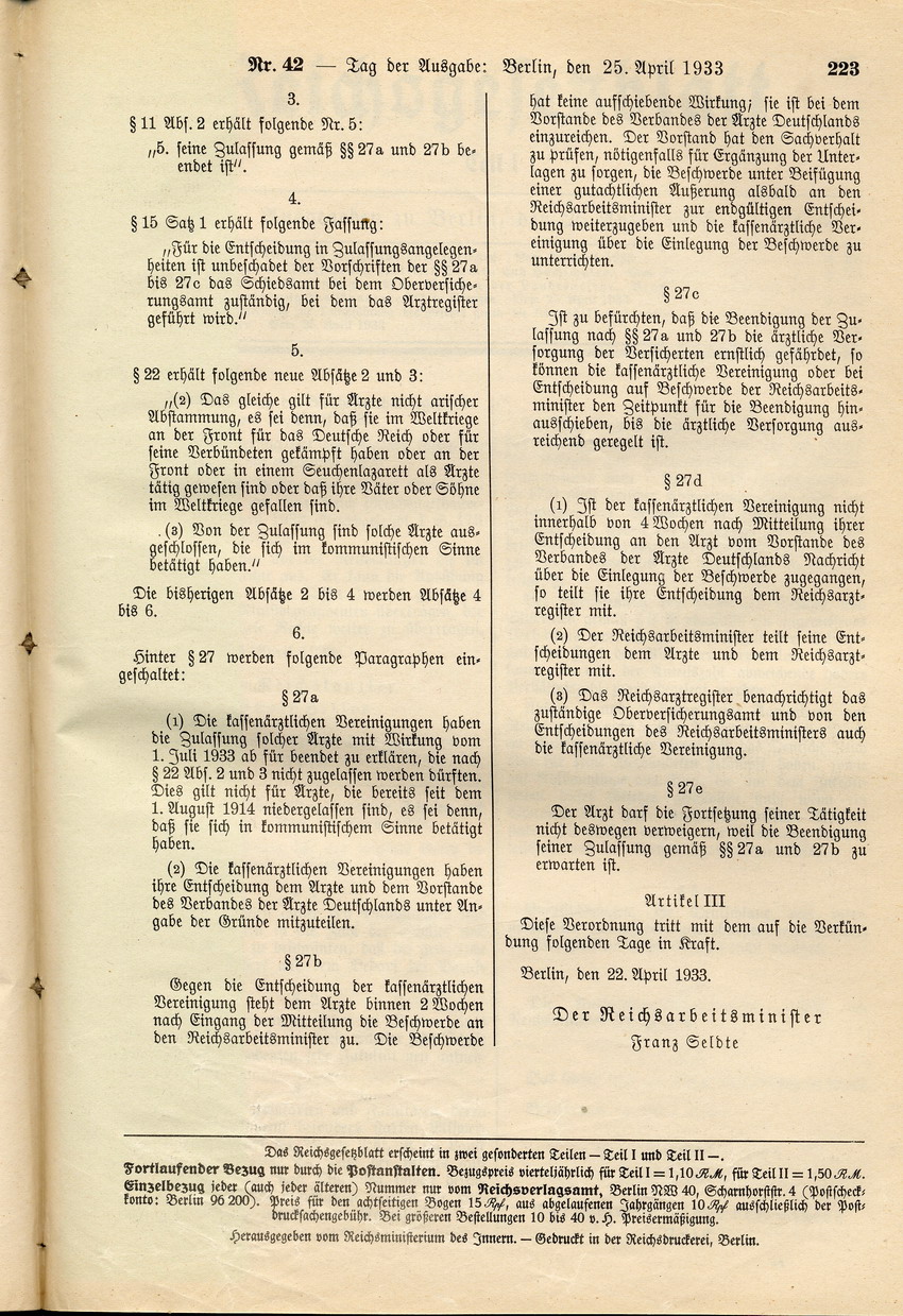 Verordnung betreffend Zulassung von Kassenärzten: Zulassung "nichtarischer" Kassenärzte erlischt, 22. April 1933.