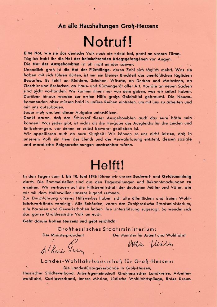 Flugblatt: des großhessischen Staatsministerium und des Landeswohlfahrtsausschusses "An alle Haushaltungen Groß-Hessens: Notruf!"