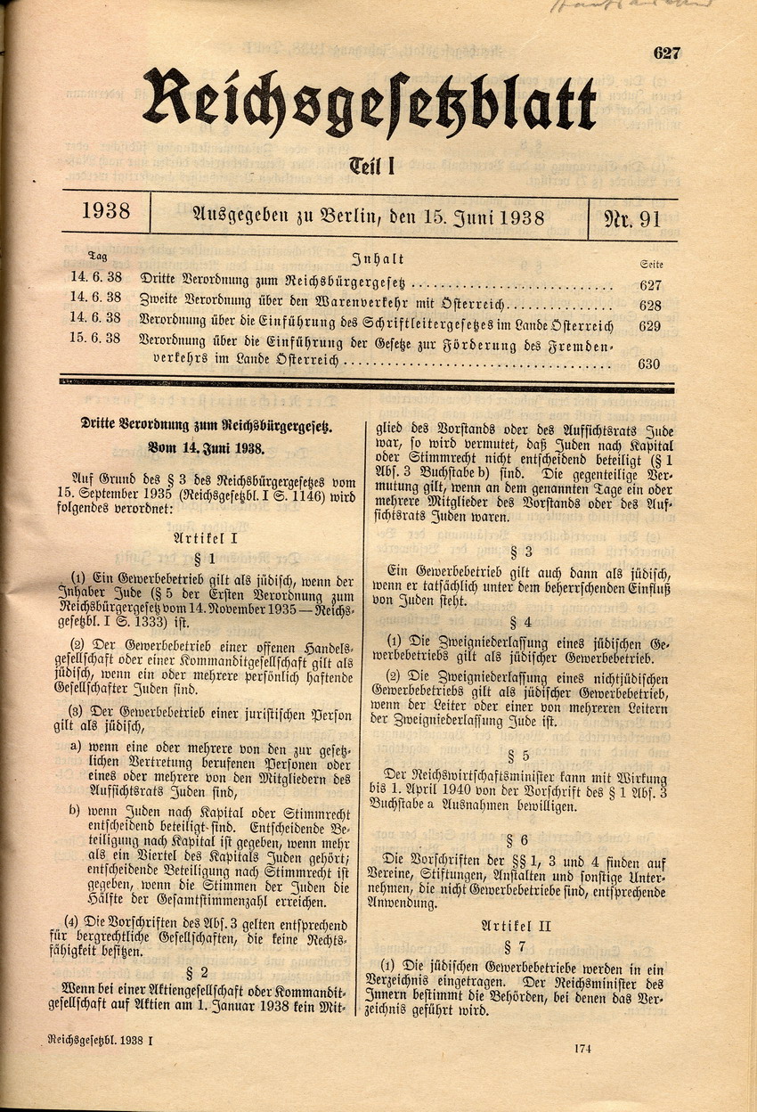 Dritte Verordnung zum Reichsbürgergesetz betreffend jüdische Gewerbebetriebe, 14. Juni 1938.